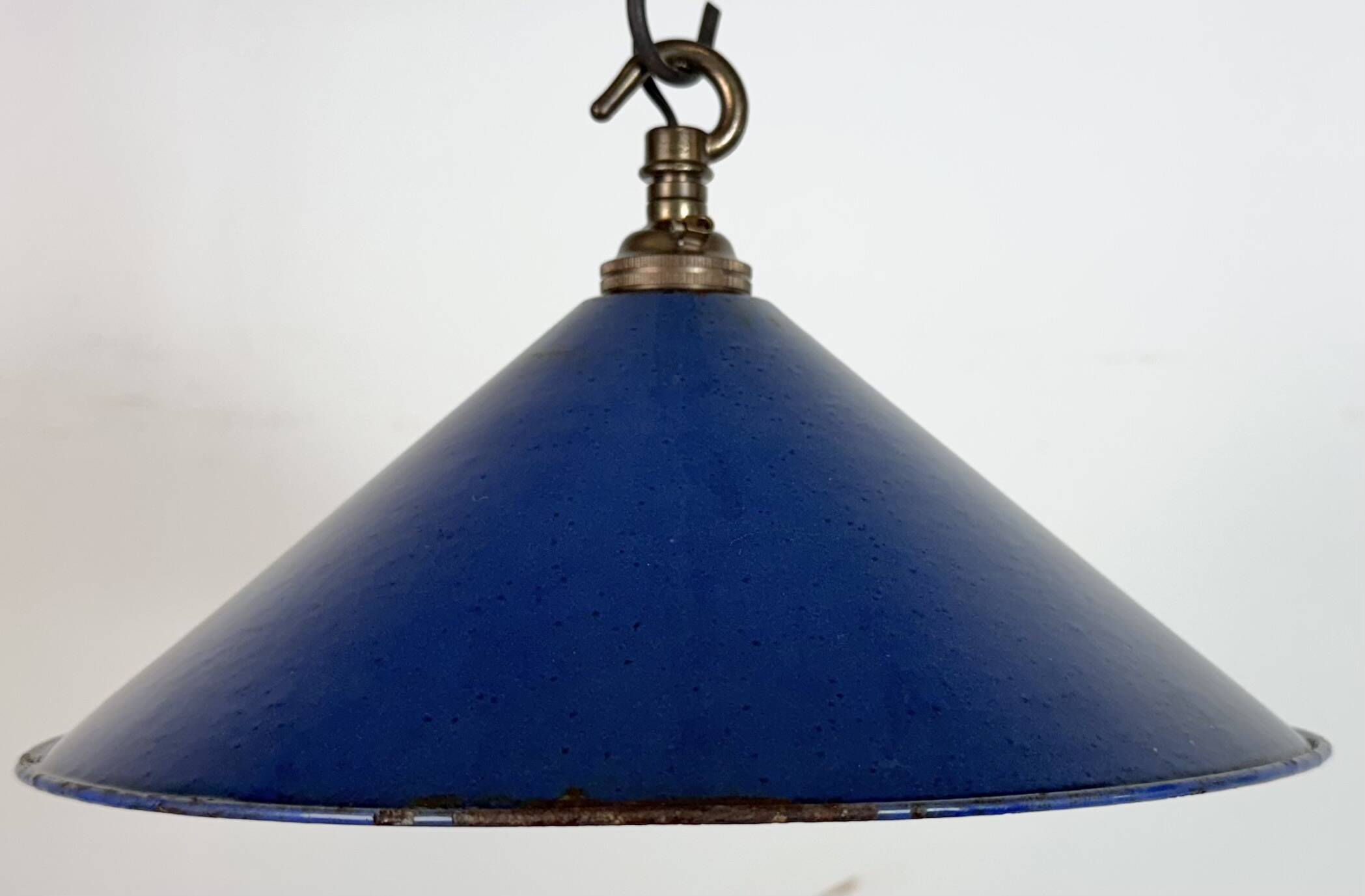 Industrial British Blue Enamel Factory Pendant Lamp, 1950s