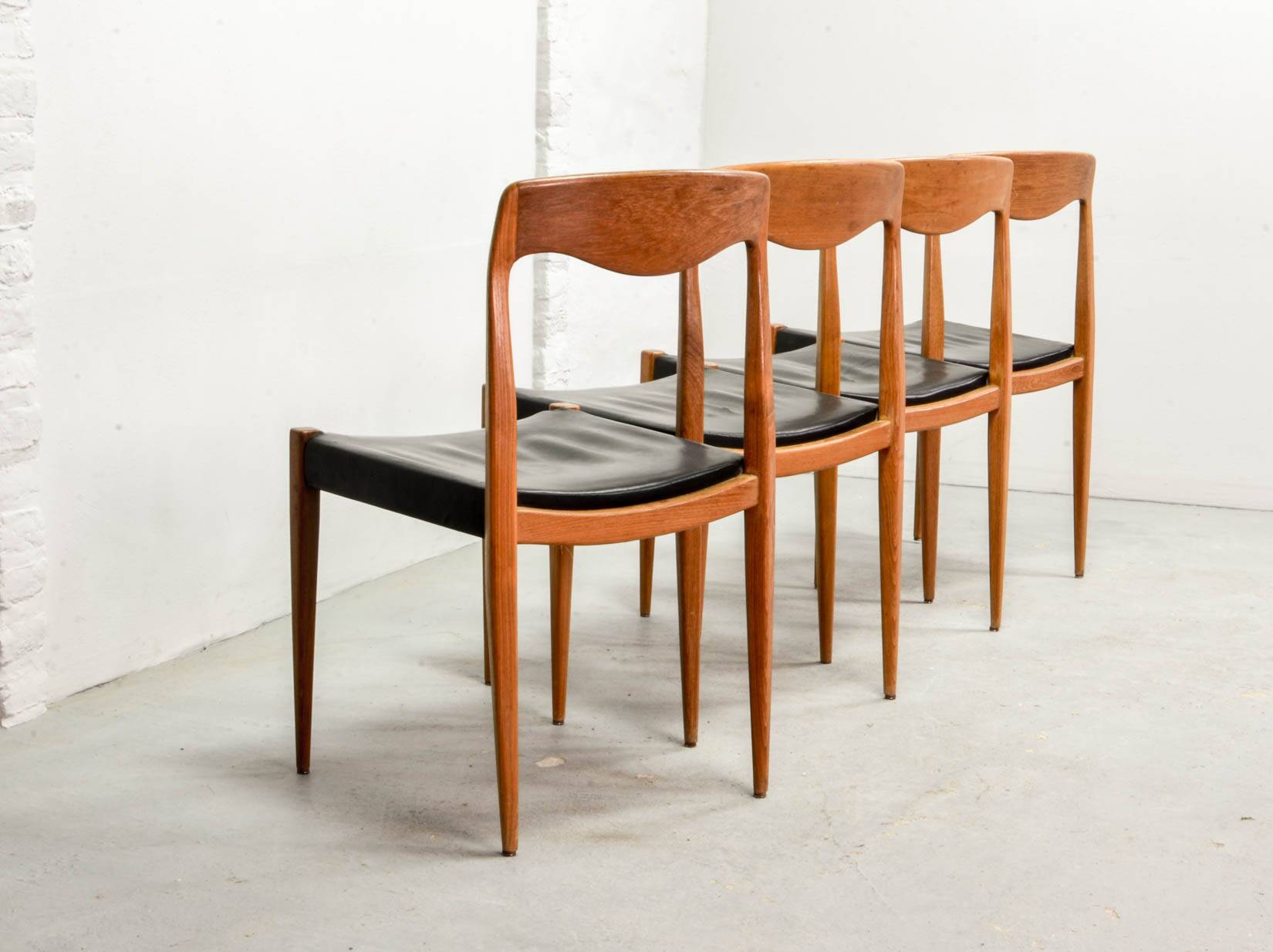 Niels Otto Moller Style Solid Teak Wood Dining Chairs with Leatherette 50s