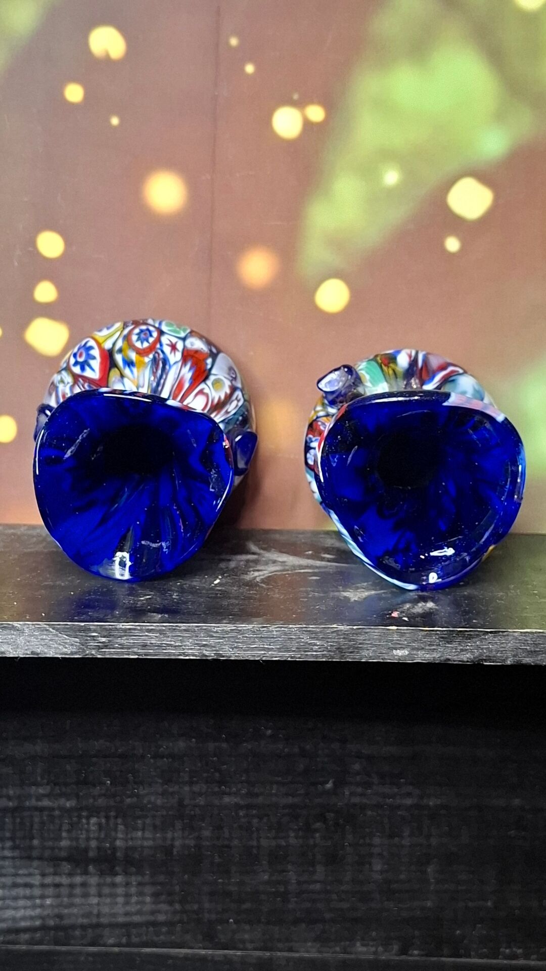 Pair of antique millefiori glass vases attributed to Murano with 2 handles.