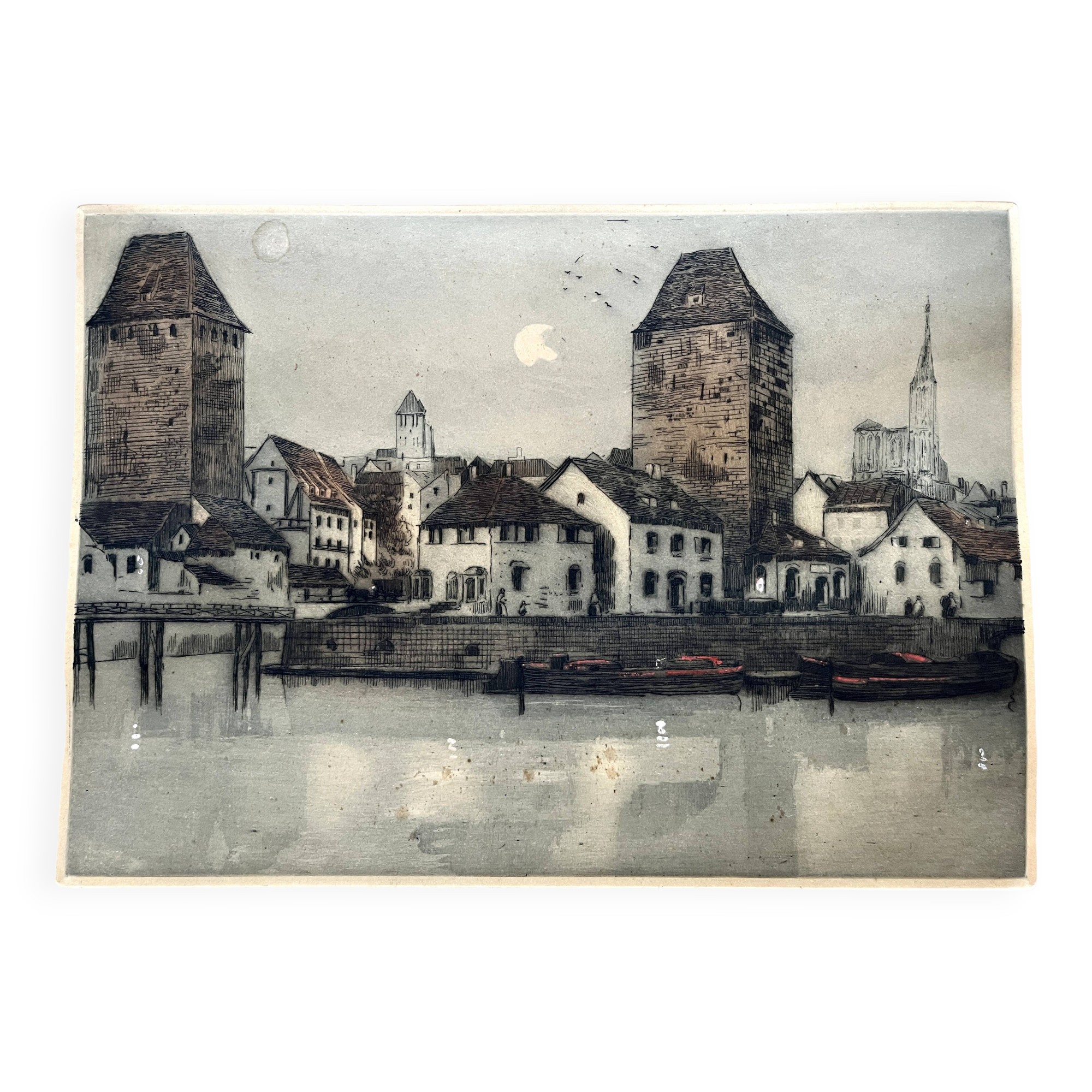 Old engraving The Two Towers signed Dauphin early 20th century