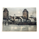 Old engraving The Two Towers signed Dauphin early 20th century