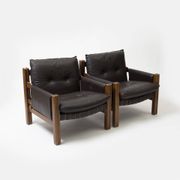 Pair of lounge chairs produced by TON in wood and brown leather, Czechoslovakia, 1990s