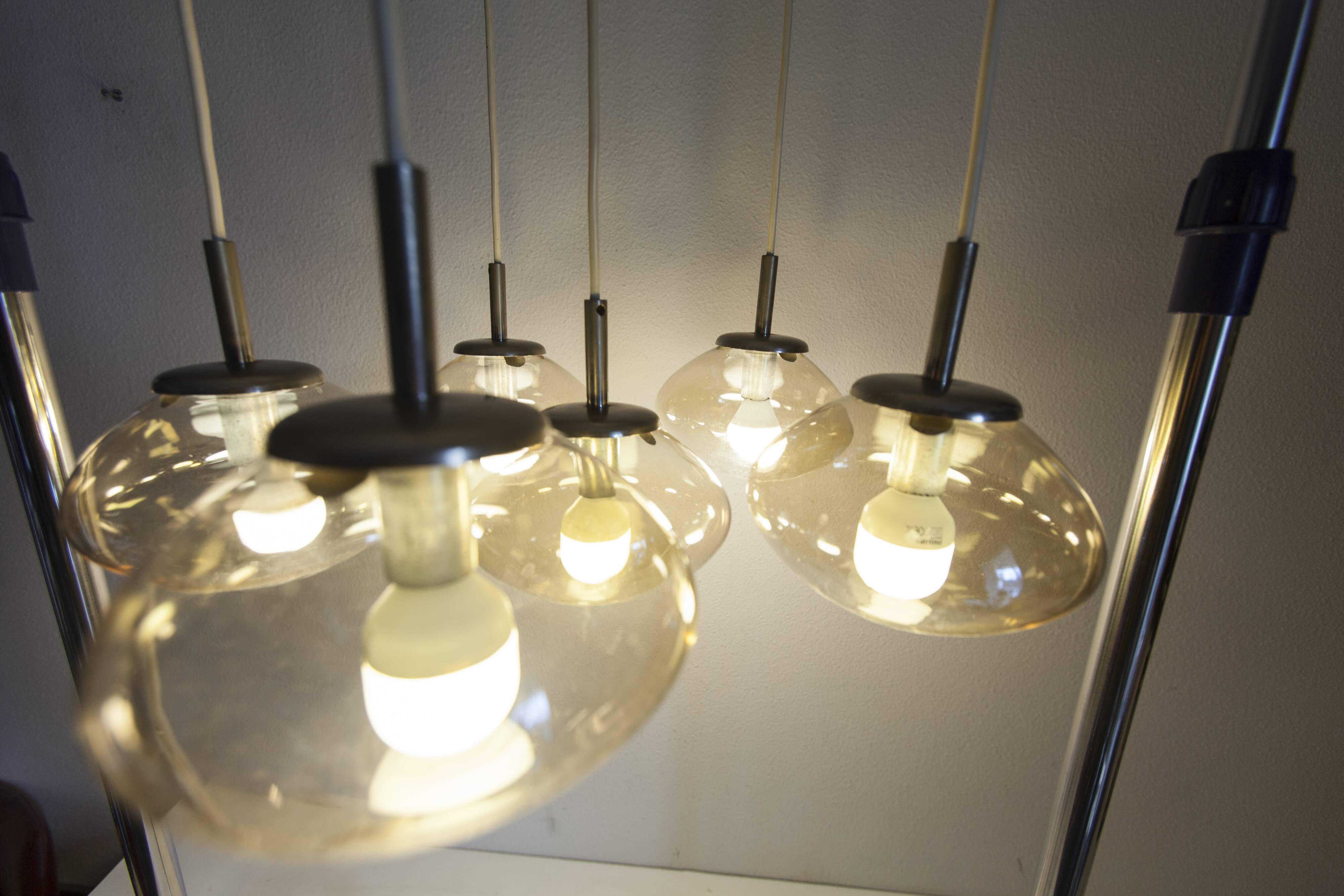 Light smoked glass water drop chandelier with 6 drops from the 1960s.