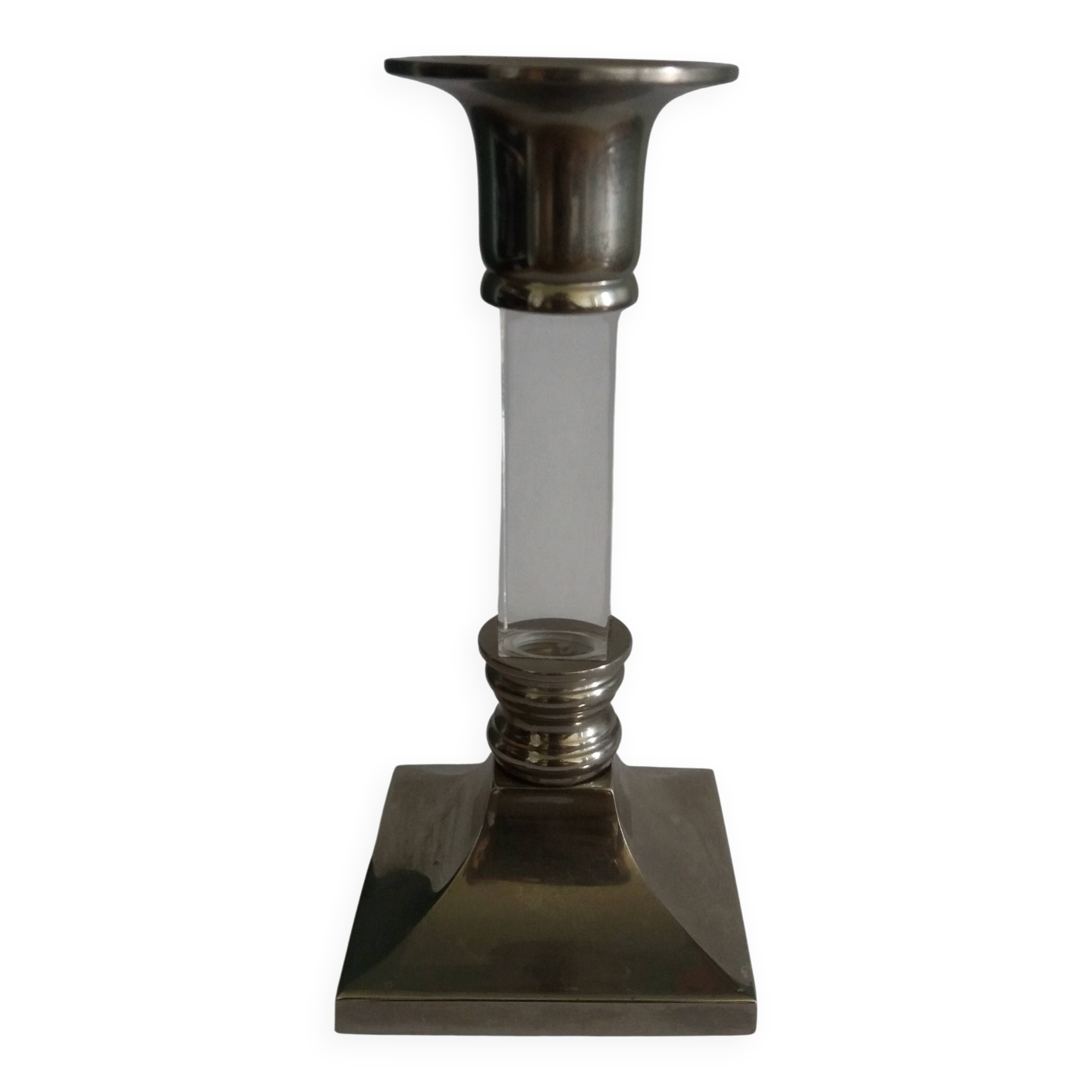 Silver-plated metal candlestick and lucite plexiglass