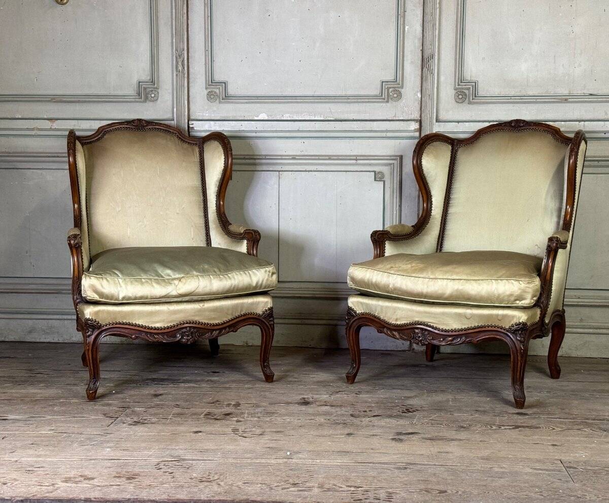 Pair Of Louis XV Style Bergeres In Finely Carved Walnut Around 1920