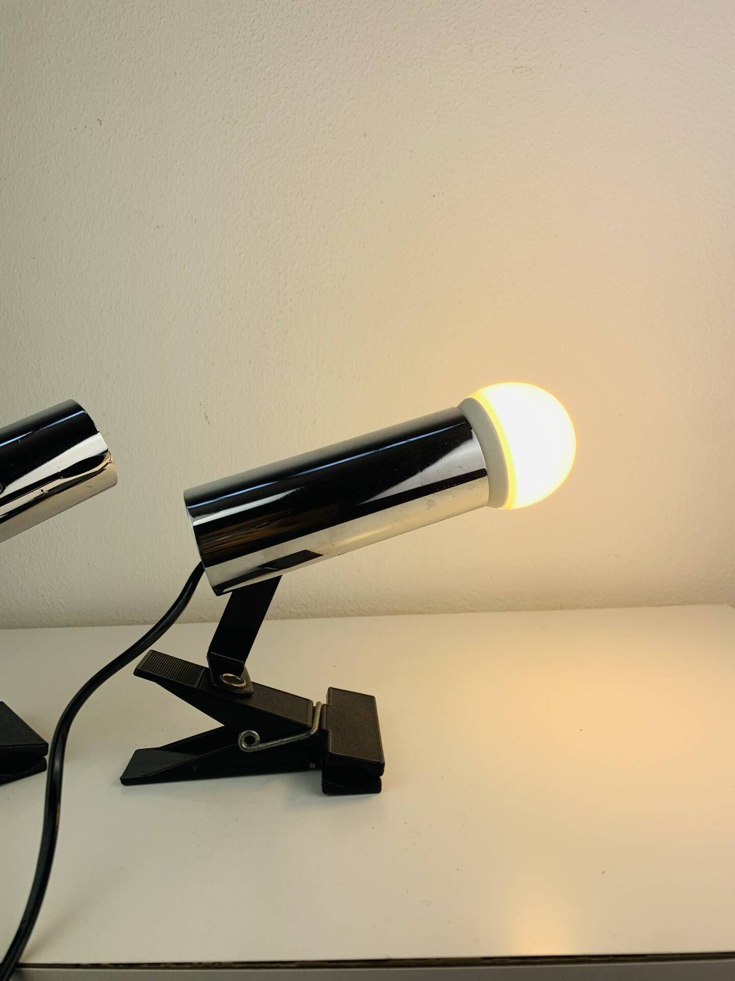 Pair of chrome clip-on spotlights, 1970s