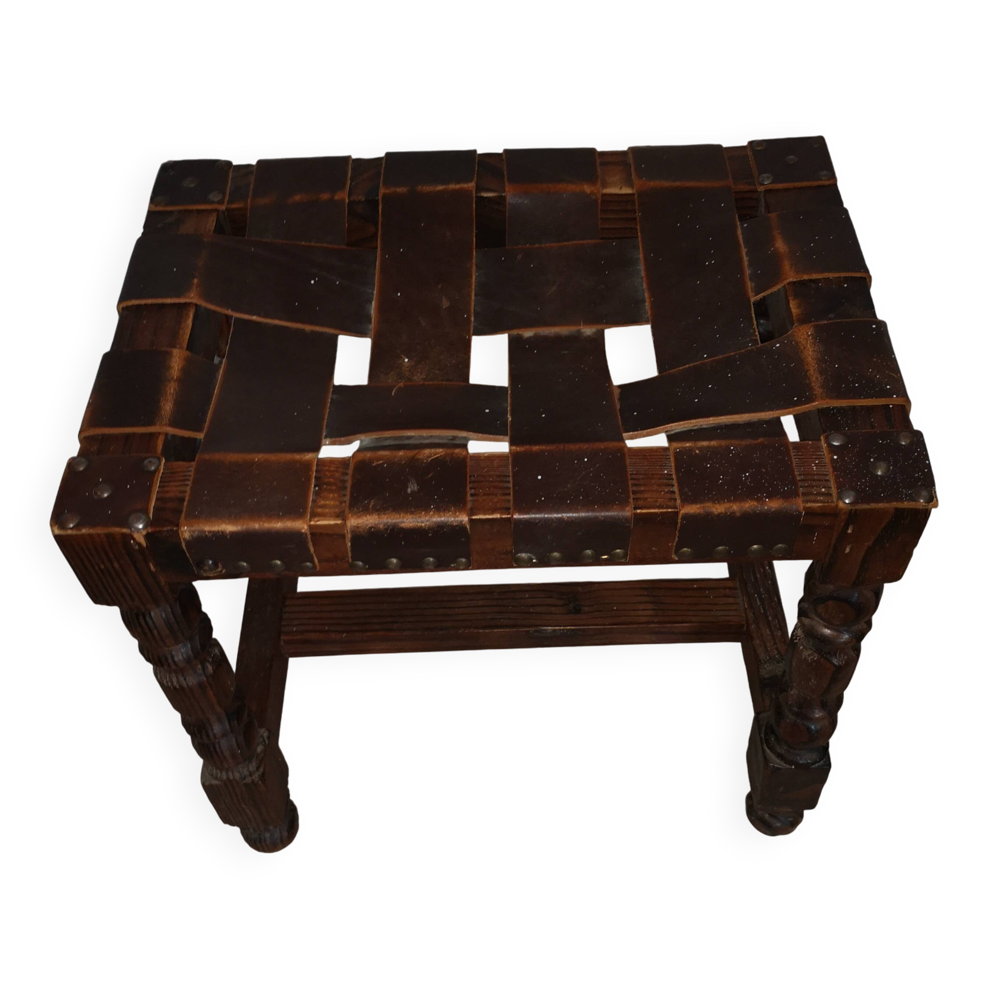brutalist Spanish vintage leather stool 1960s