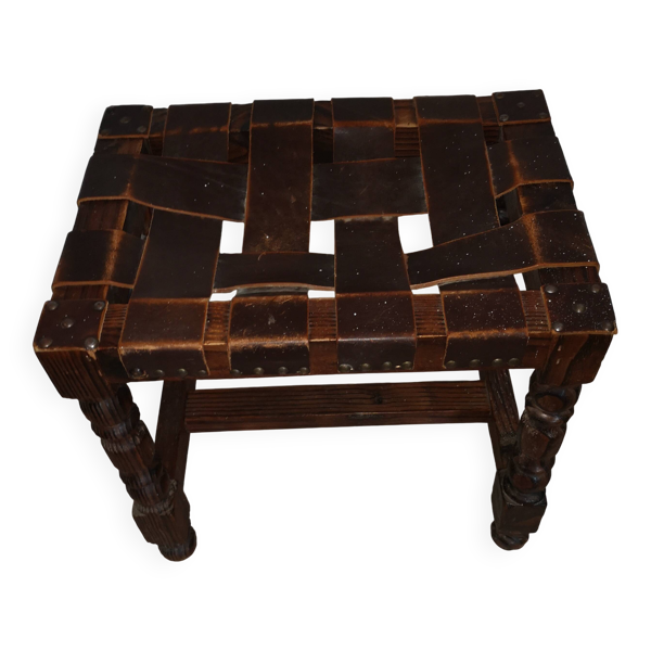 tabouret stool cuir brutaliste espagnol vintage 1960's