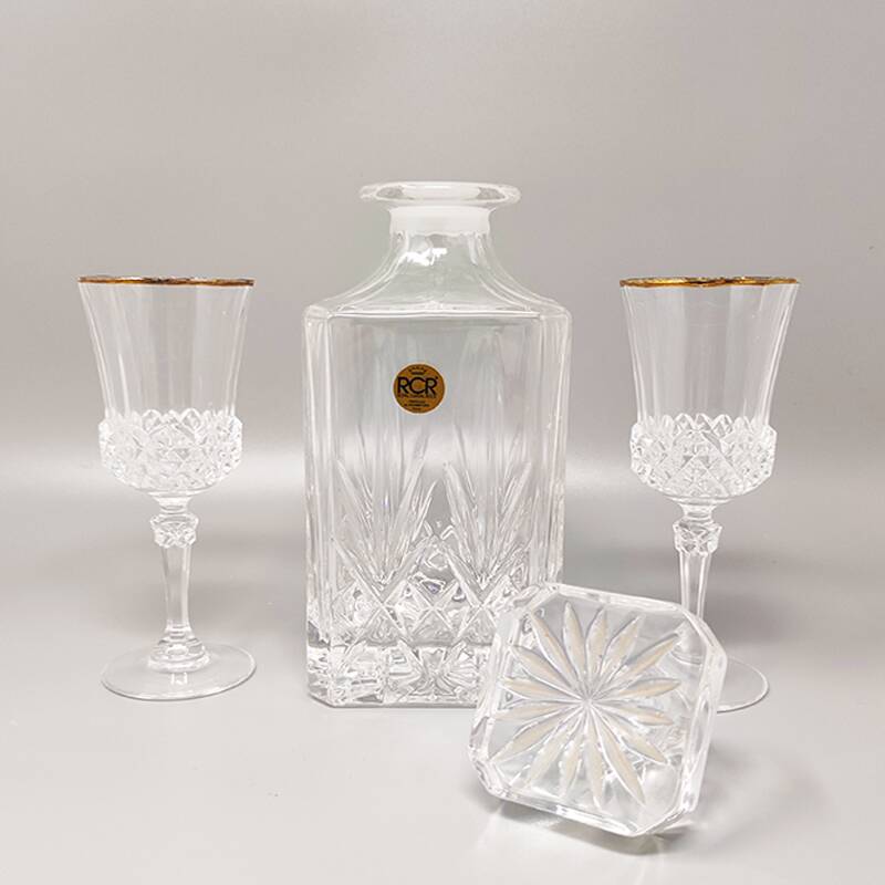 1970s crystal decanter with 2 crystal glasses by rcr. made in italy
