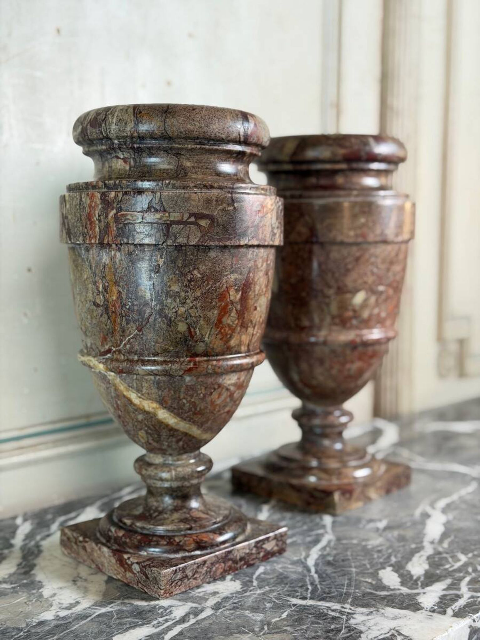 Pair of Sarrancolin marble urns, France 19th century