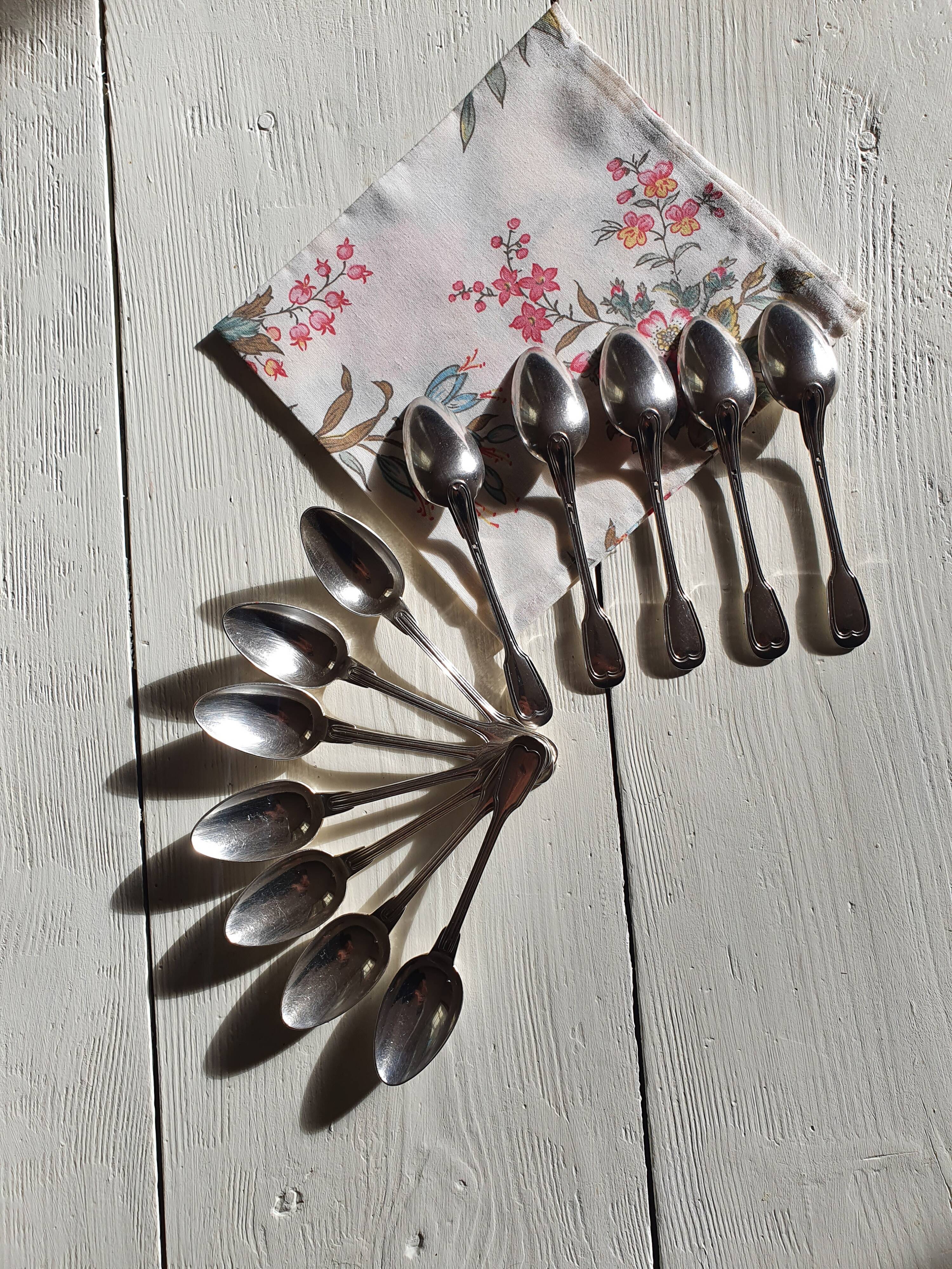 12 small silver metal spoons Christofle mesh model