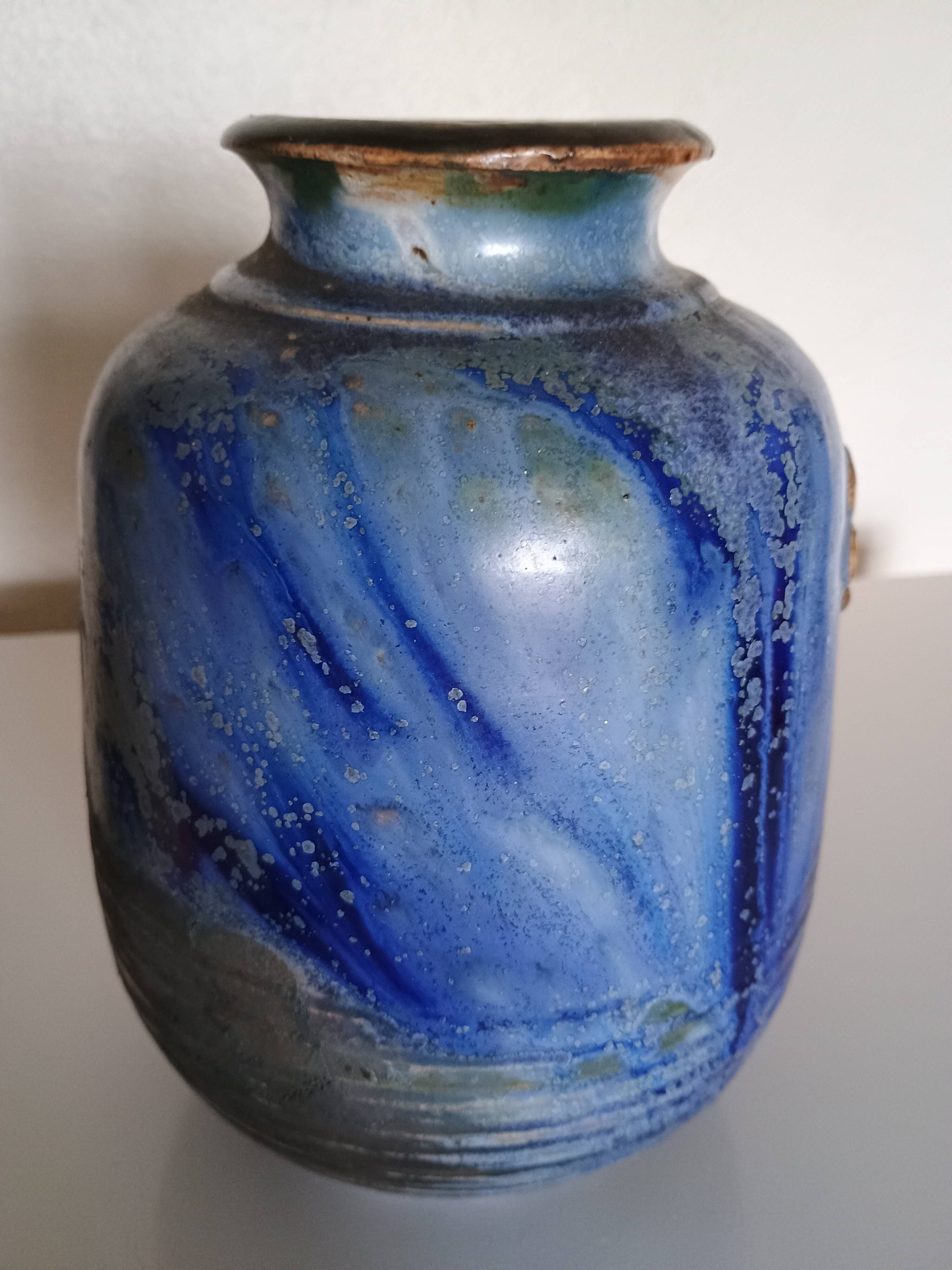 Vase with 2 small fleur-de-lis - glazed terracotta, cobalt