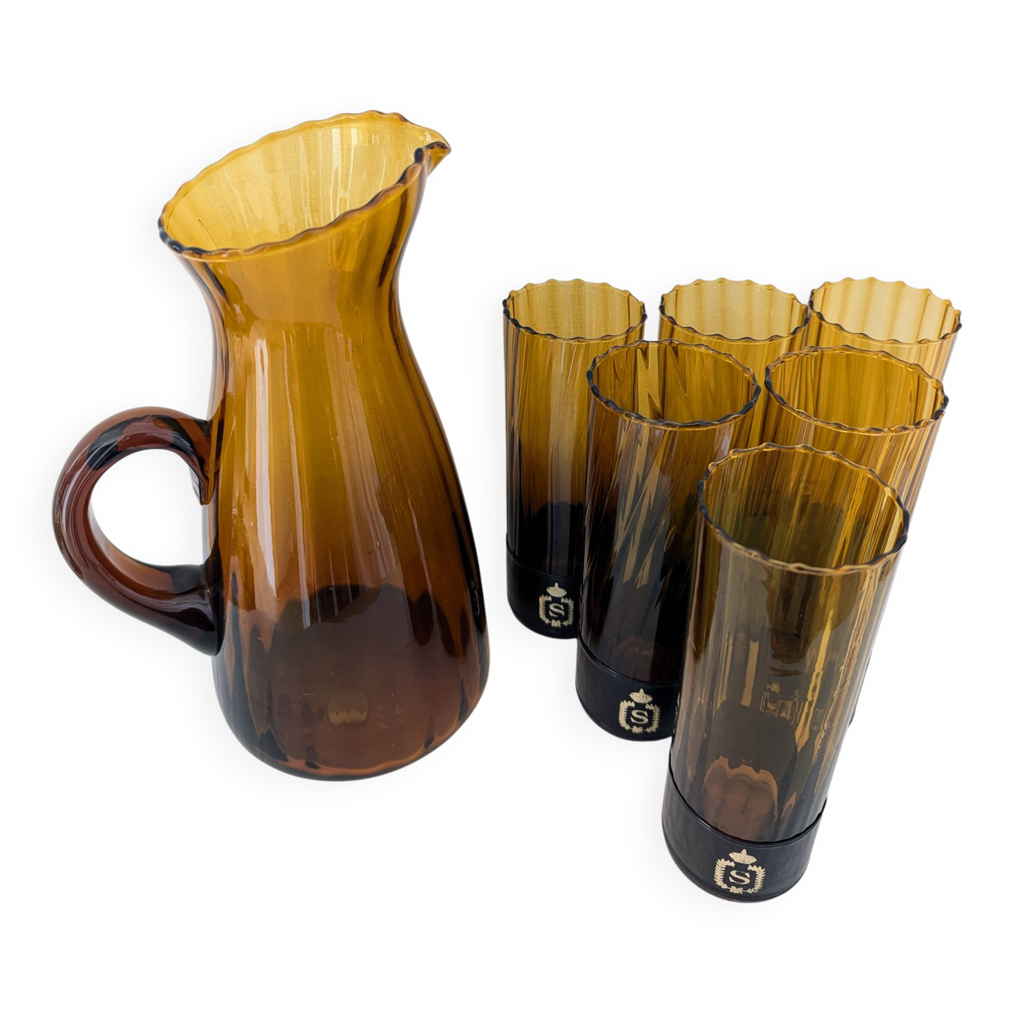 Amber blown glass orangeade set