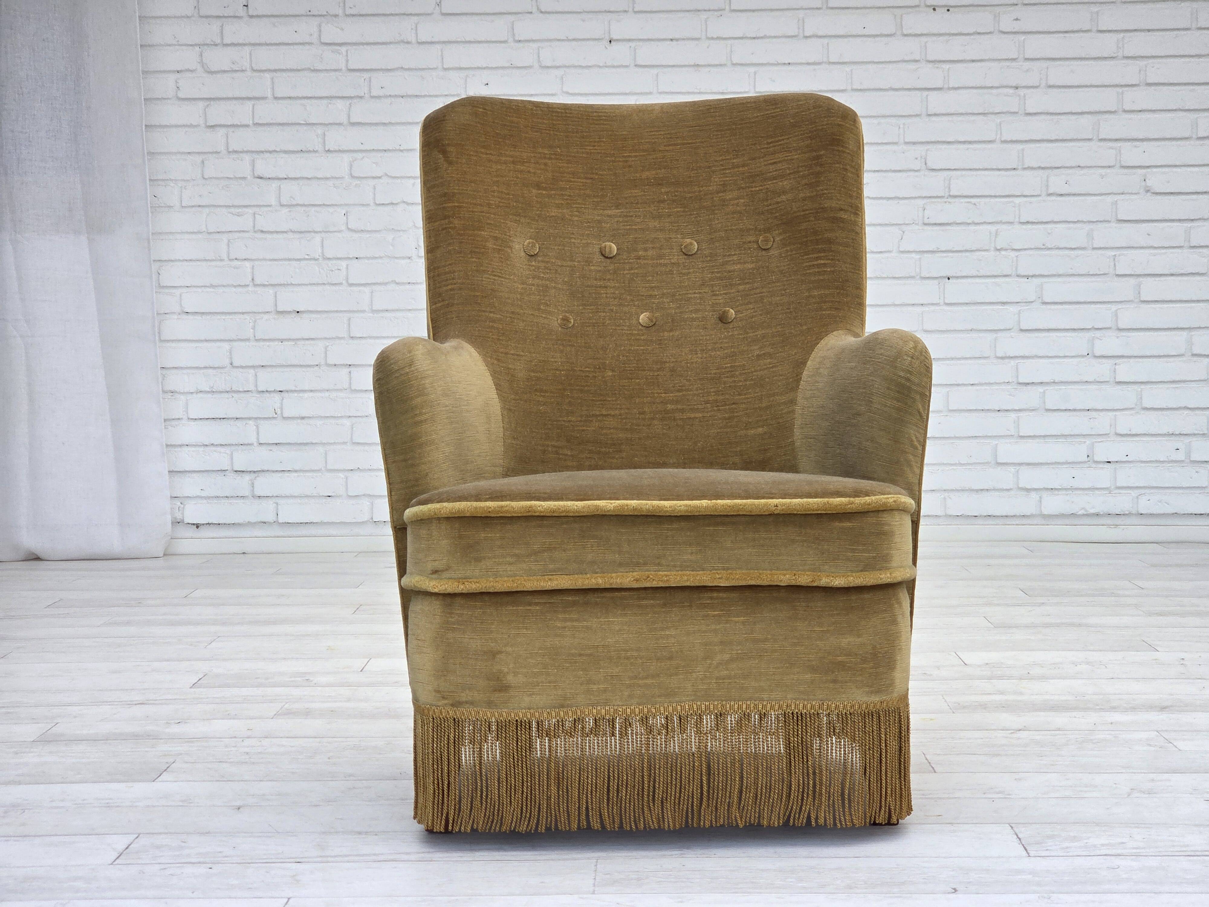 1970s, Danish highback back armchair, light green furniture velour.