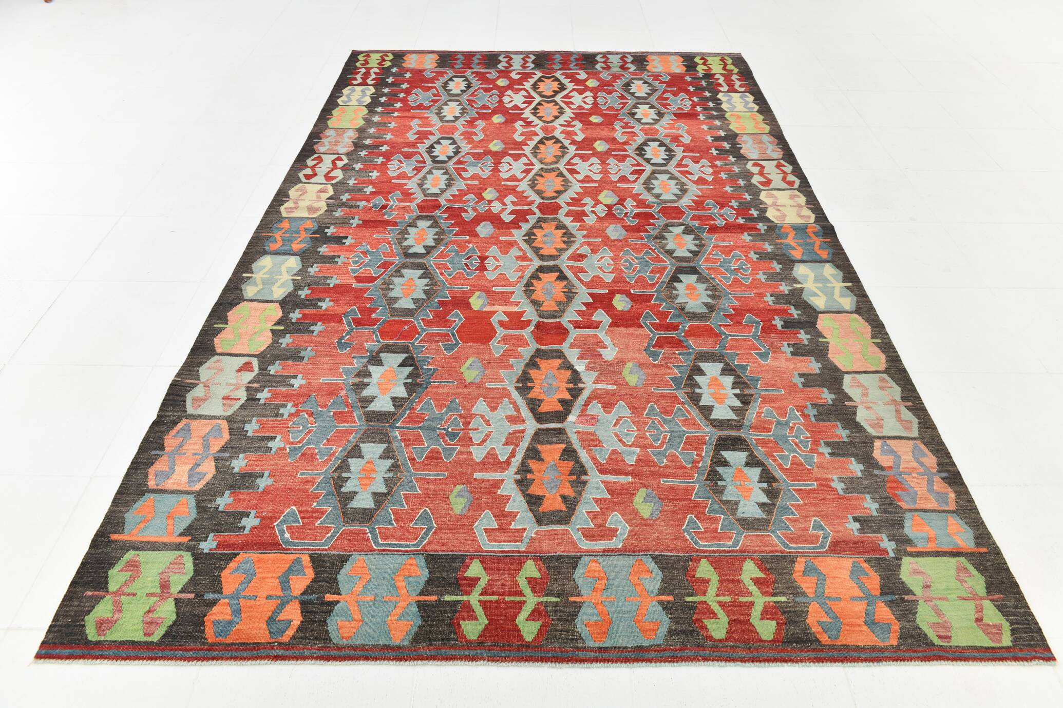 Tapis Kilim Vintage Rouge Motifs Géométriques Ethniques, 195x355 Cm
