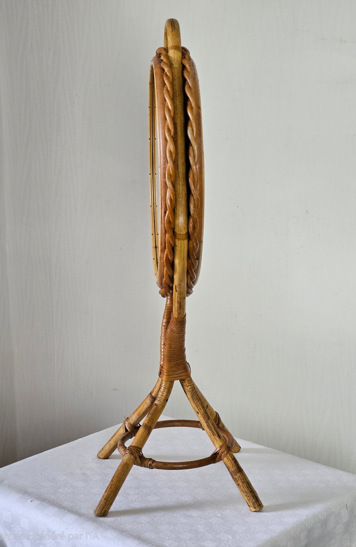 Vintage double-sided round mirror on a rattan stand.