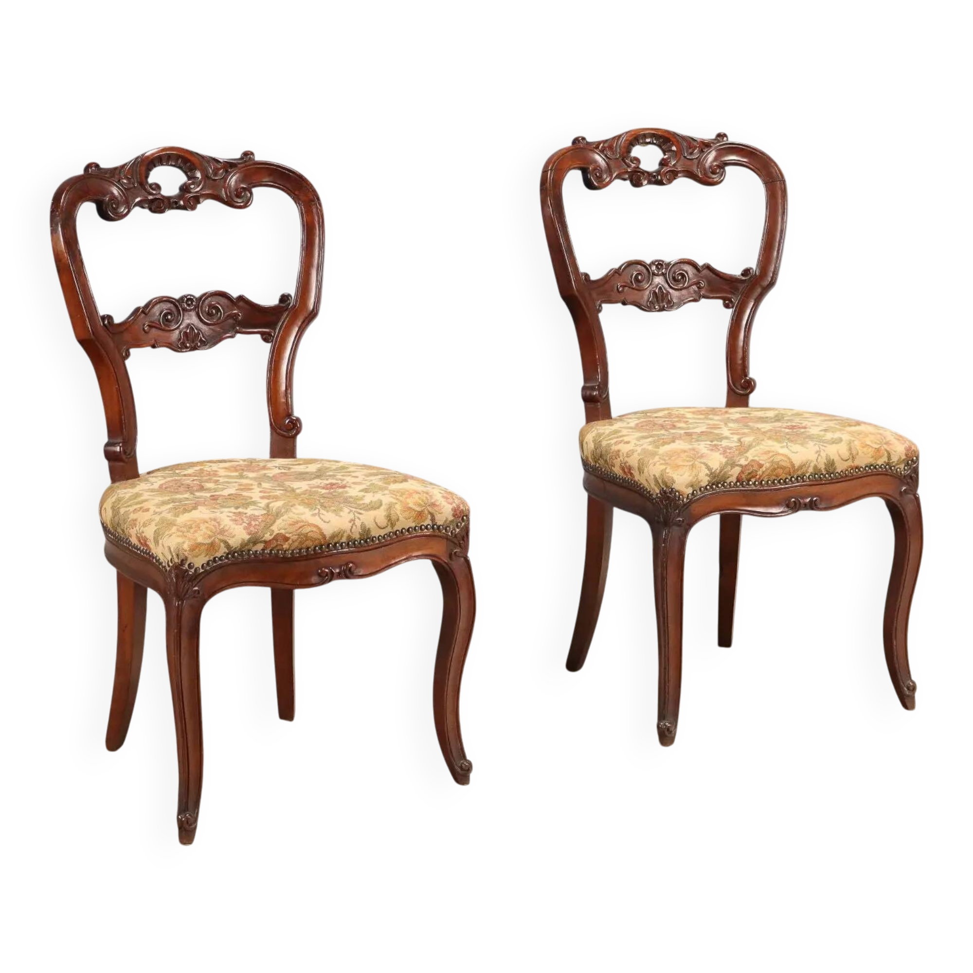 Antique Louis-Philippe chairs in walnut and fabric, 19th century