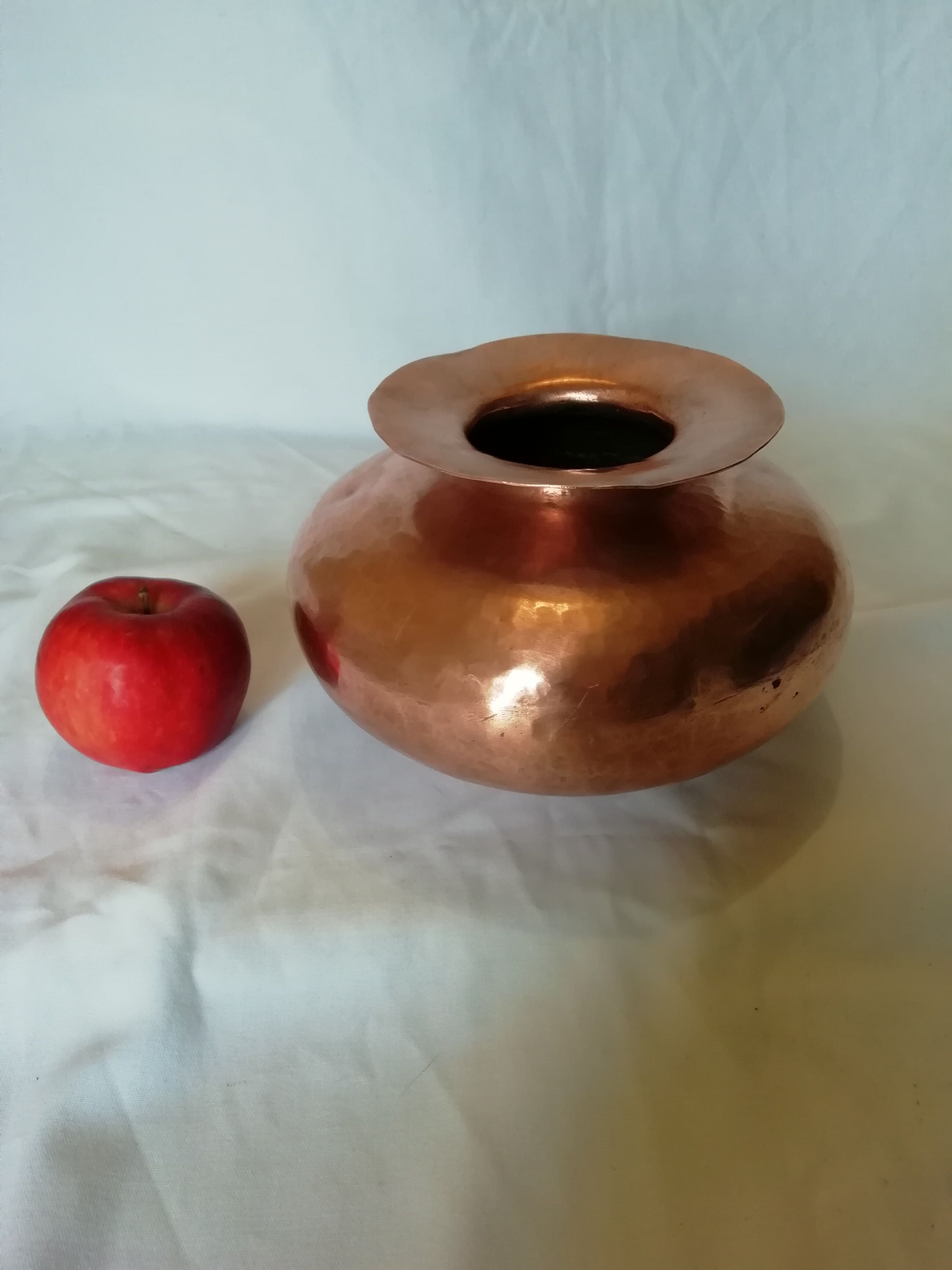 Ball vase with flared hammered copper collar