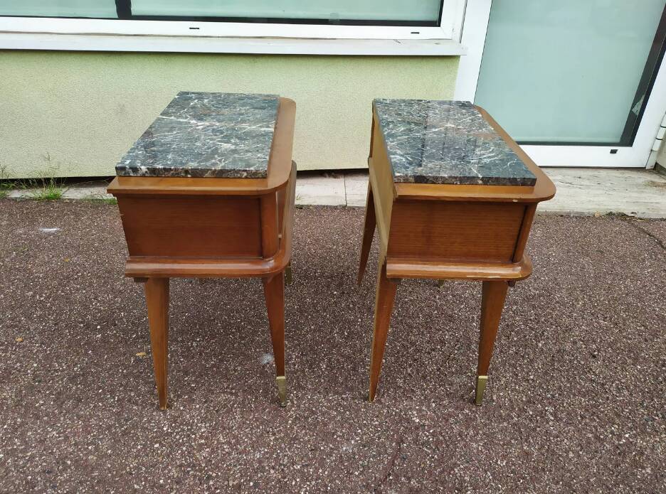 Set of 2 black white marble wood bedside tables with compass legs