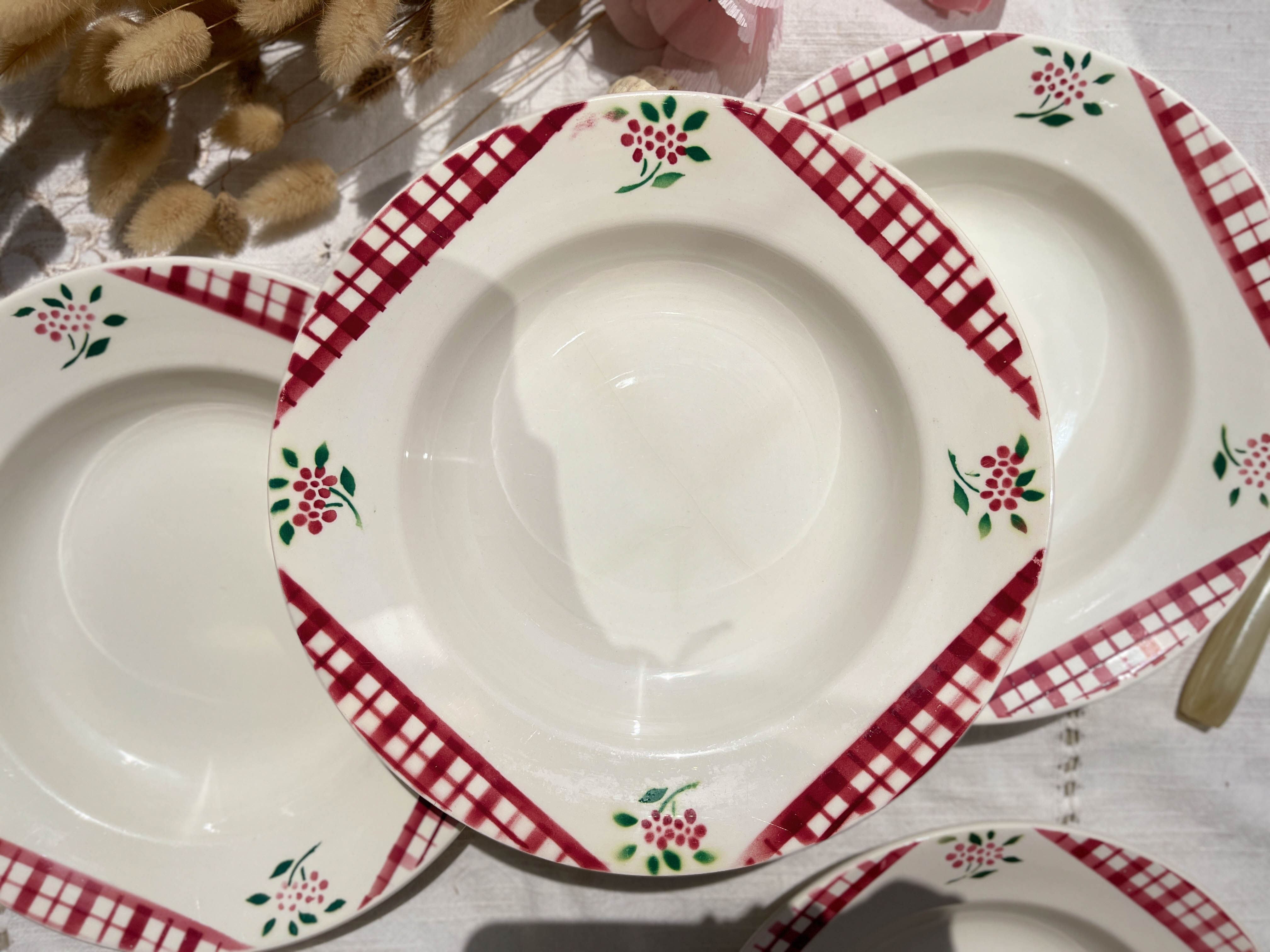 6 Digoin Sarreguemines Niger model soup plates with floral pattern and red/white checks
