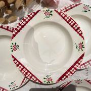 6 Digoin Sarreguemines Niger model soup plates with floral pattern and red/white checks