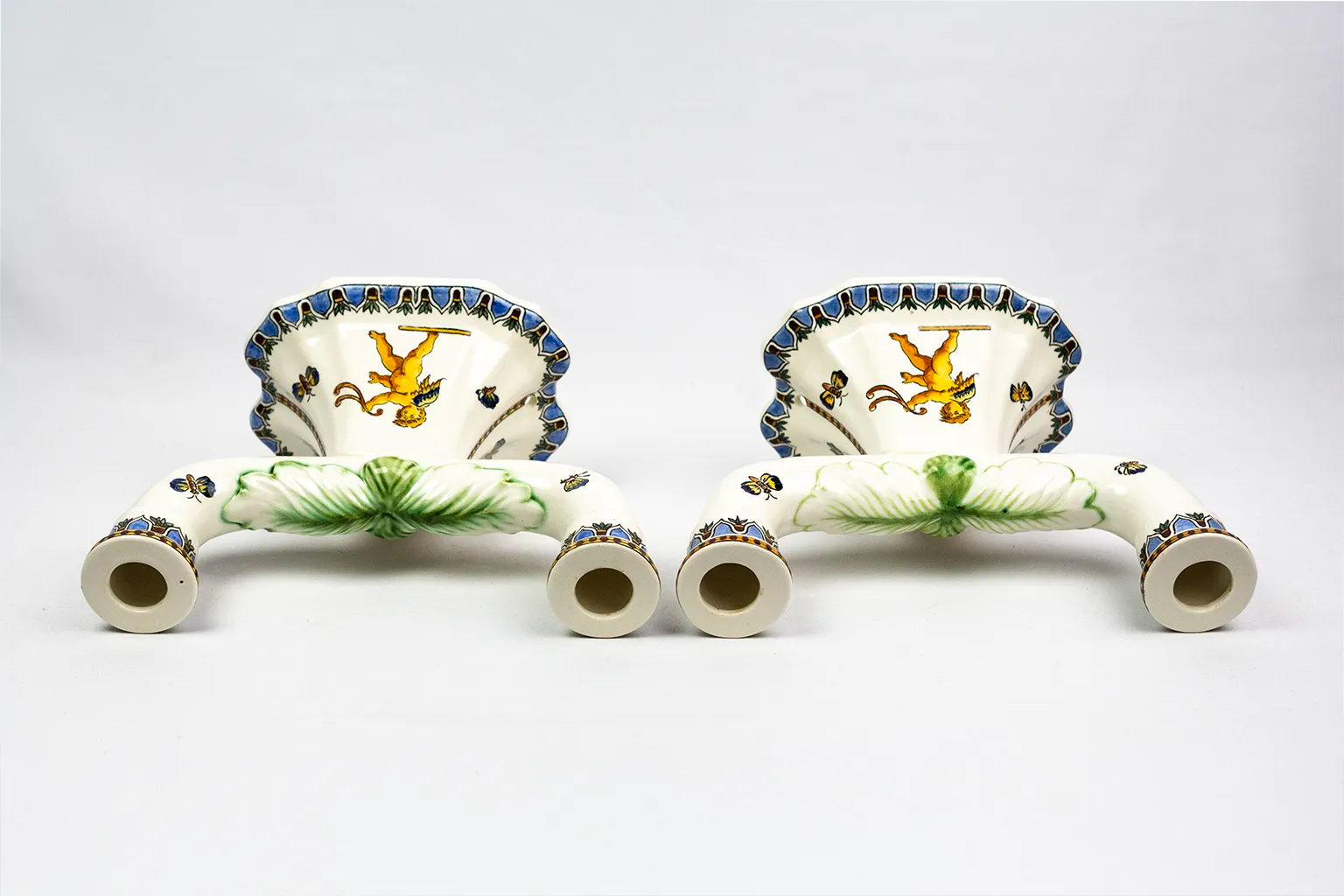 Pair of Renaissance candlesticks in earthenware – Gien pottery, 1970s