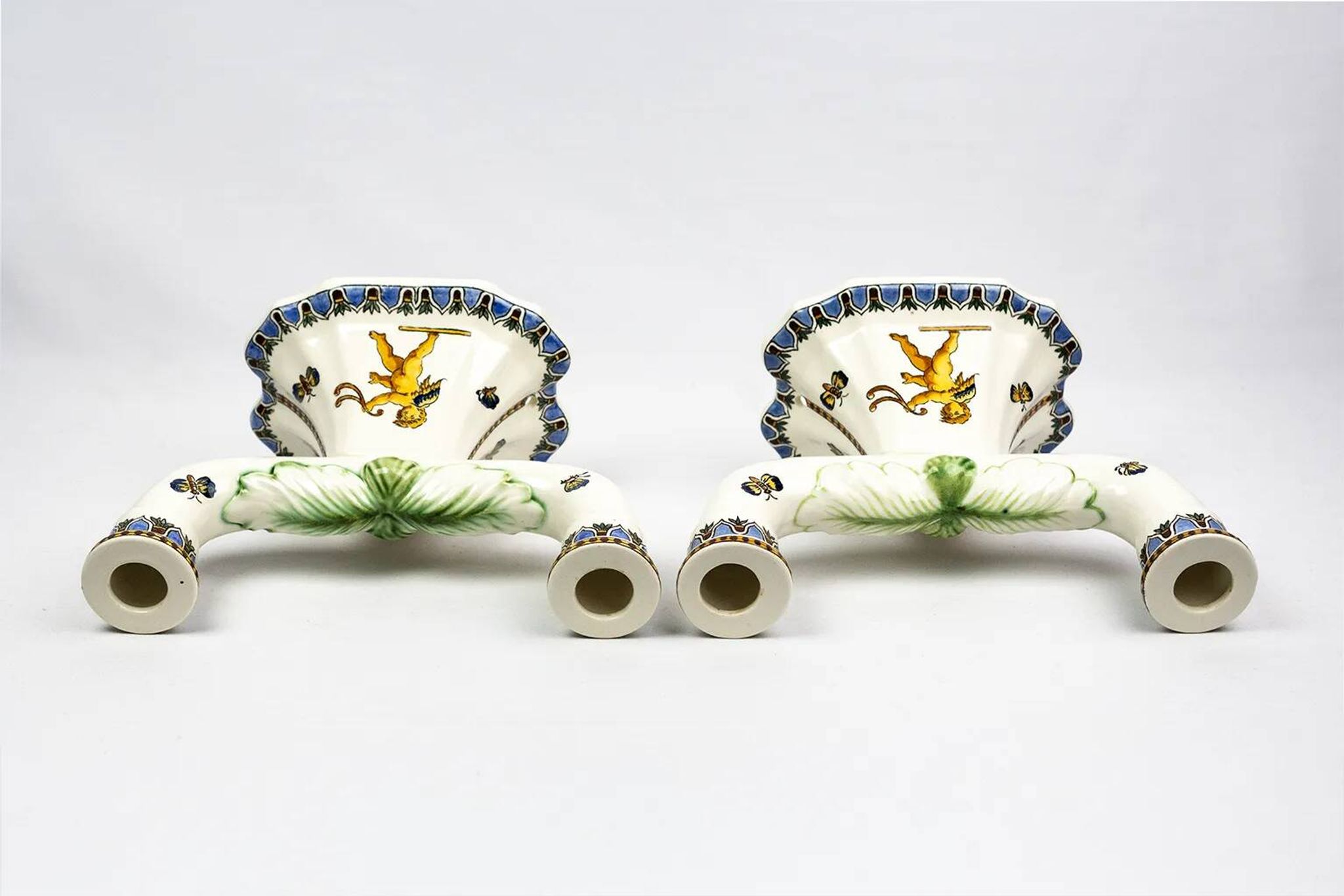 Pair of Renaissance candlesticks in earthenware – Gien pottery, 1970s