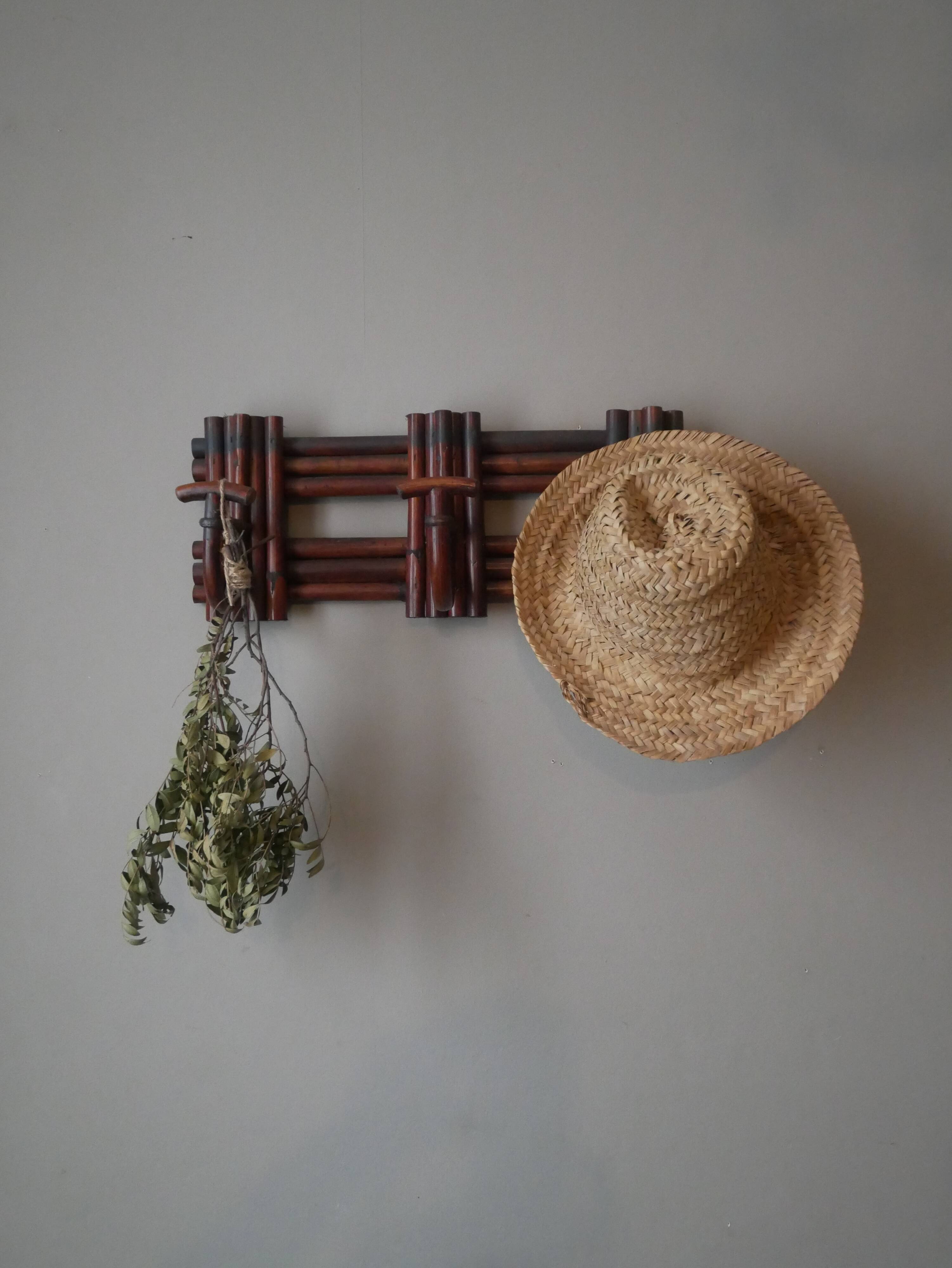 Vintage rattan handcrafted coat rack with three hooks, country decor