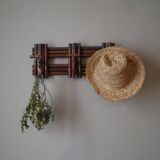 Vintage rattan handcrafted coat rack with three hooks, country decor