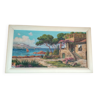 Oil on canvas signed by Gaston Aubert – large vintage Mediterranean landscape.