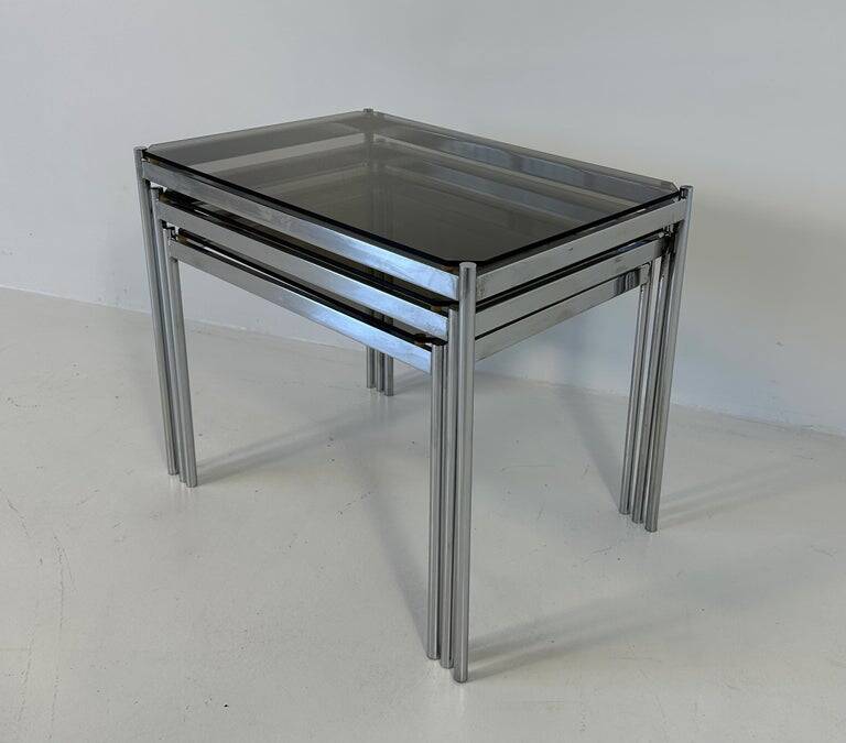 Italian Midcentury Set of Three Chromed Metal Glass Stackable Tray Tables,