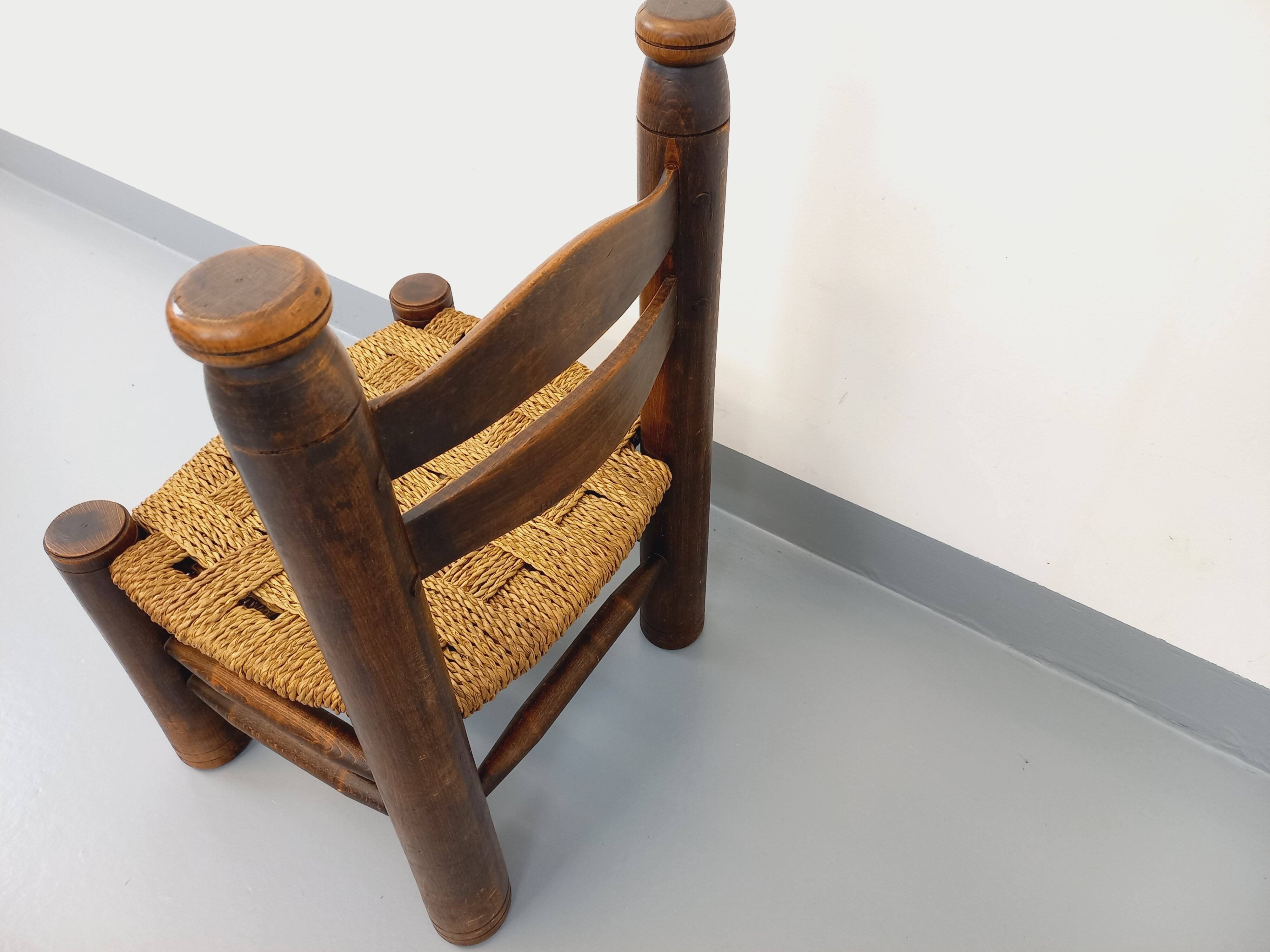 Vintage Charles Dudouyt Brutalist Low Chair in Wood and Straw