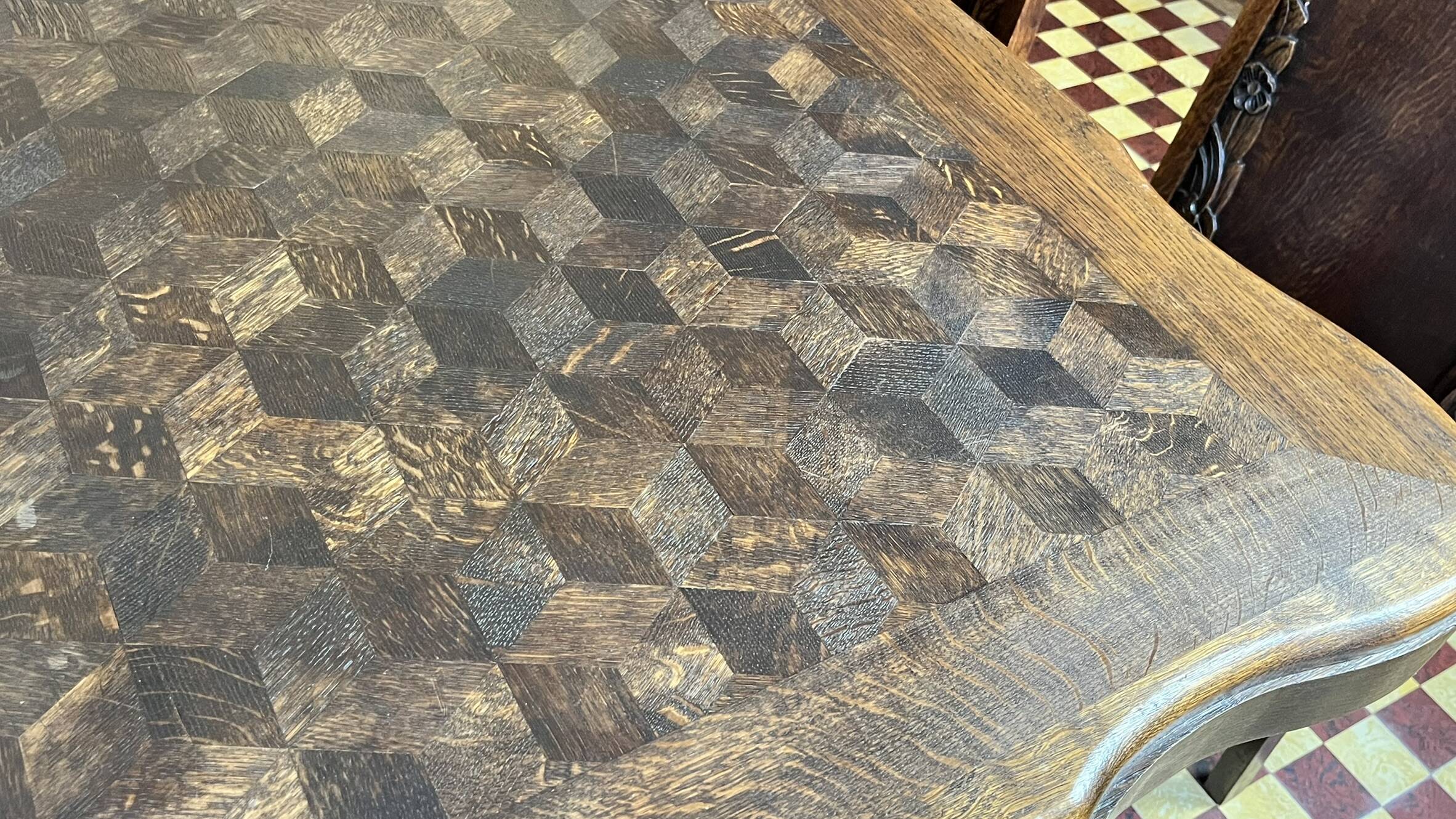 Art Deco extendable oak table with marquetry + 6 chairs – 1920s