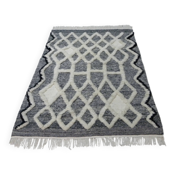 Tapis berbère moderne en laine –Tapis marocain fait main gris et Ecru