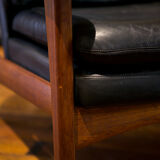 Pair of scandinavian armchairs in black leather and teak