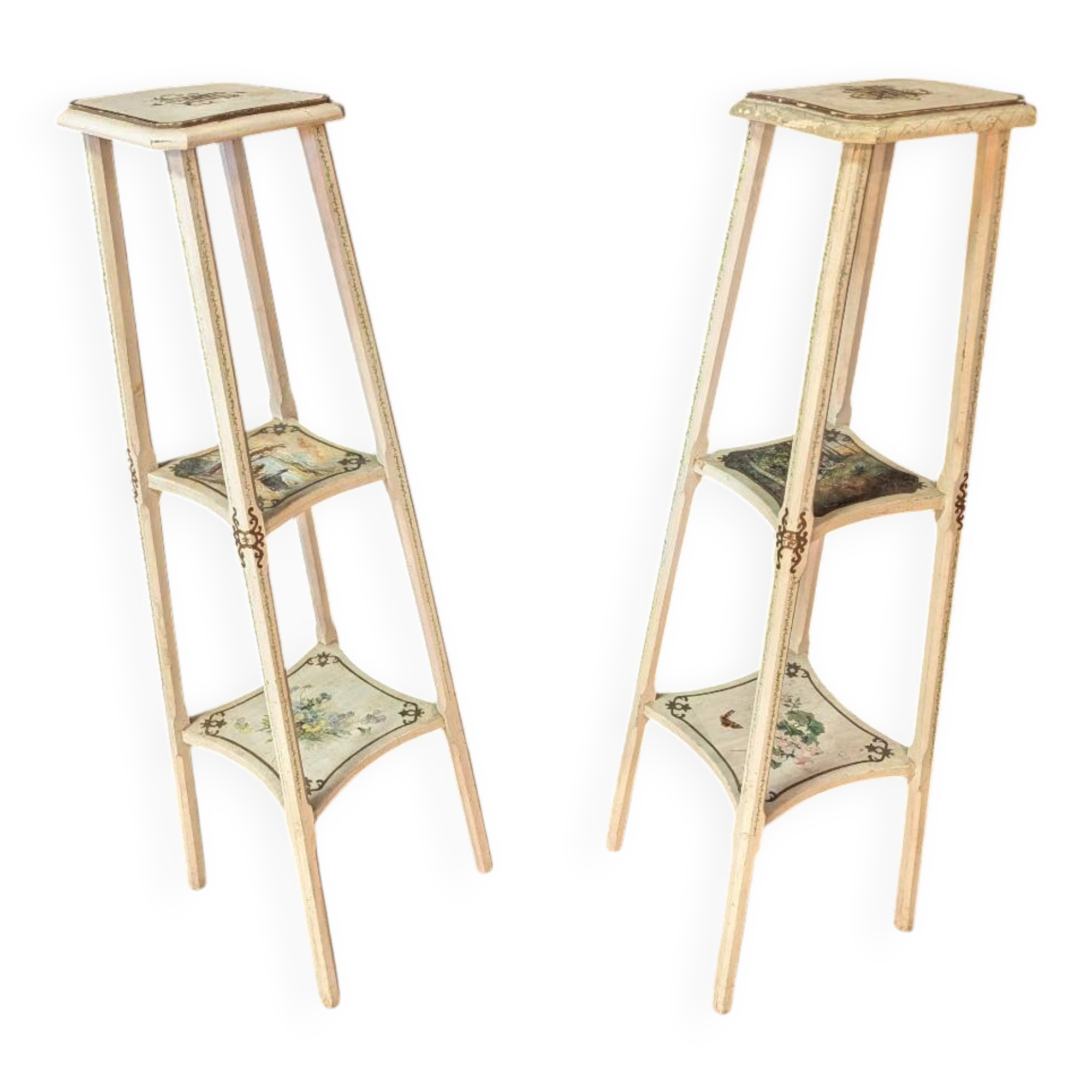 Pair of large painted wooden pedestals with three tiers.