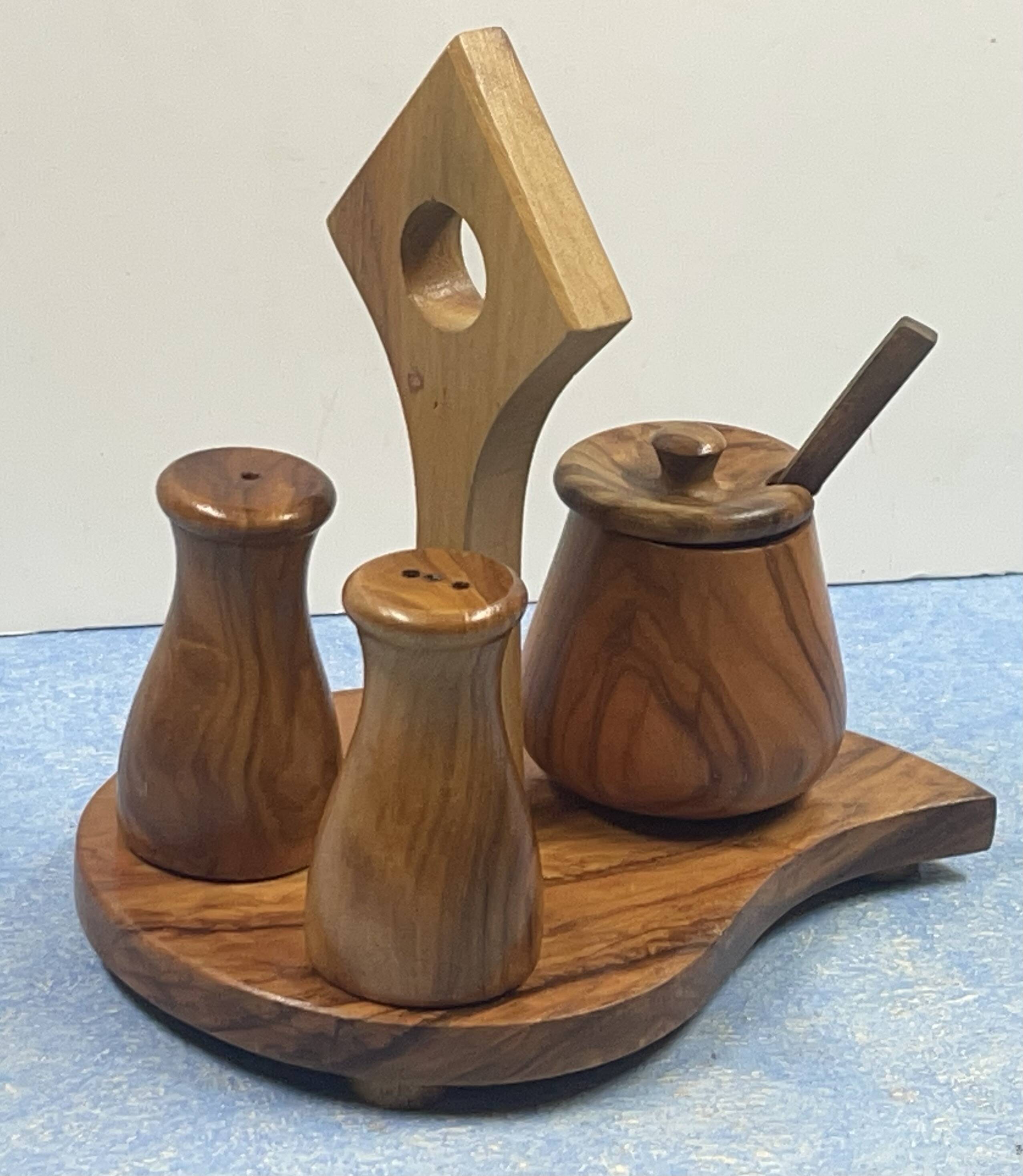 elegant table servant for condiment in olive wood, vintage