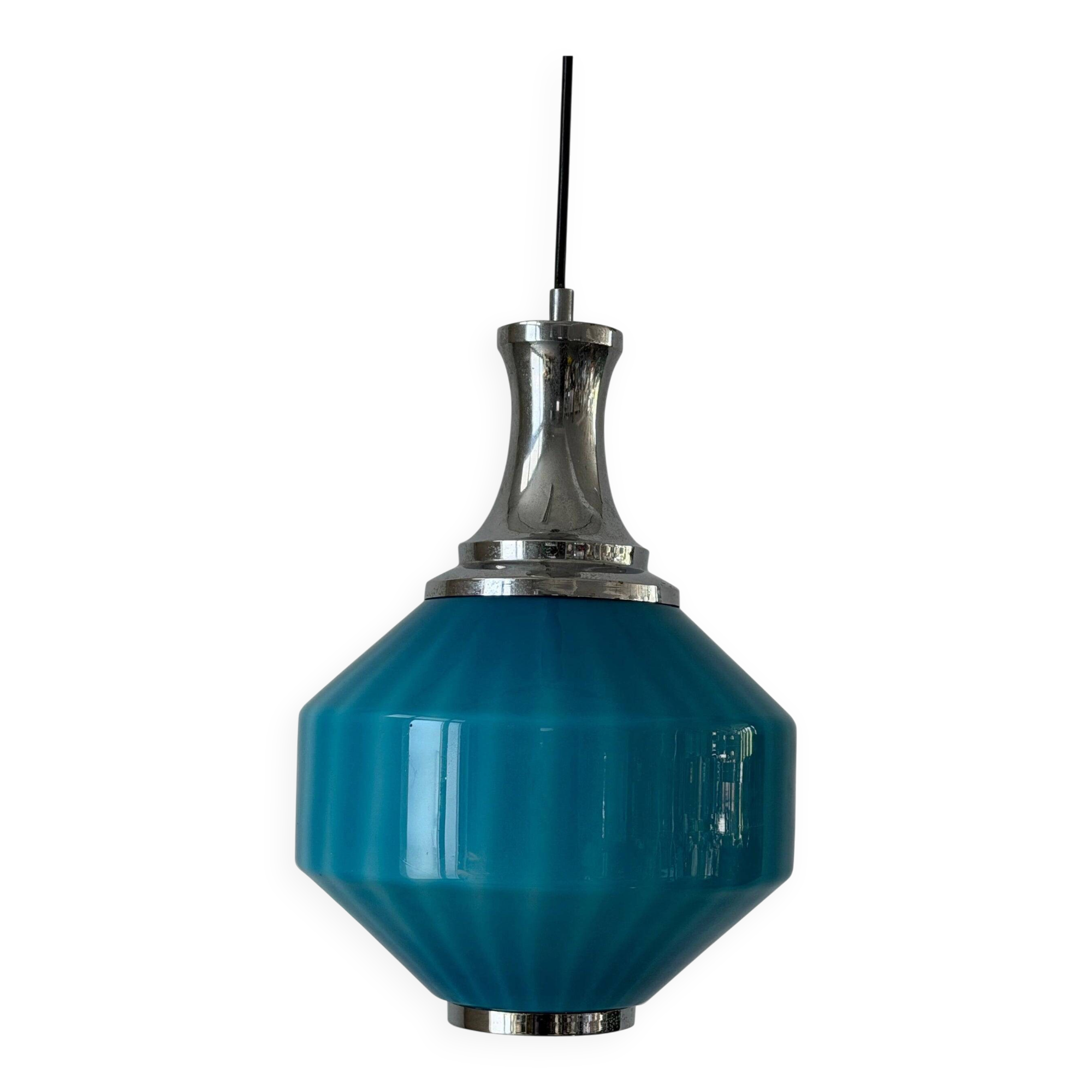 Blue glass ceiling light with a chrome frame, 1960s, Germany.