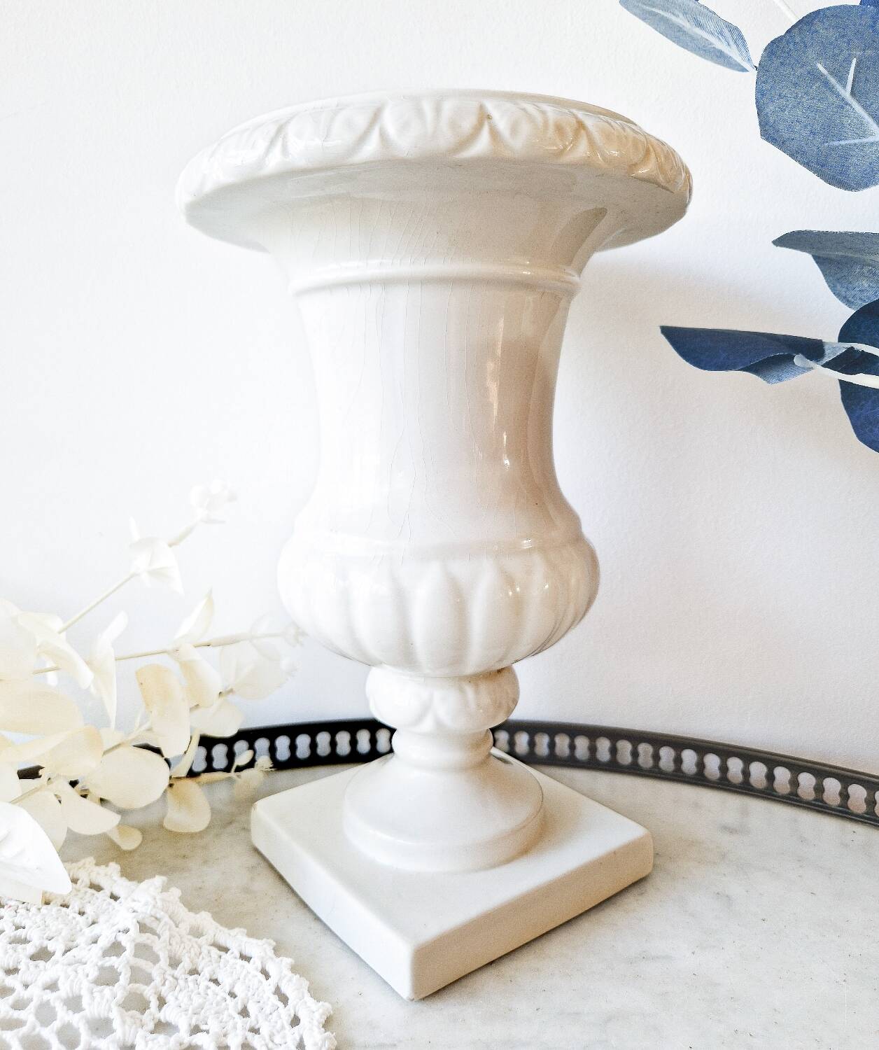 Large vintage white earthenware Medici vase