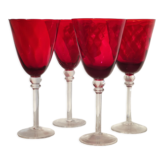 4 grands verres à pied en verre soufflé rouge 320 ml