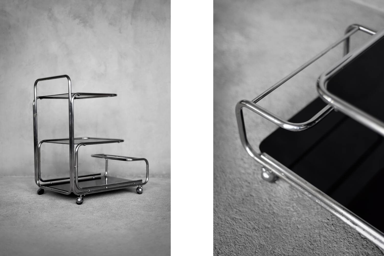 Vintage Mid-Century German Modern Bauhaus Chrome & Glass Serving Trolley