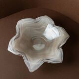 Vintage Murano glass bowl, flower-shaped centerpiece with transparent glass and white streaks, Italian 1980s
