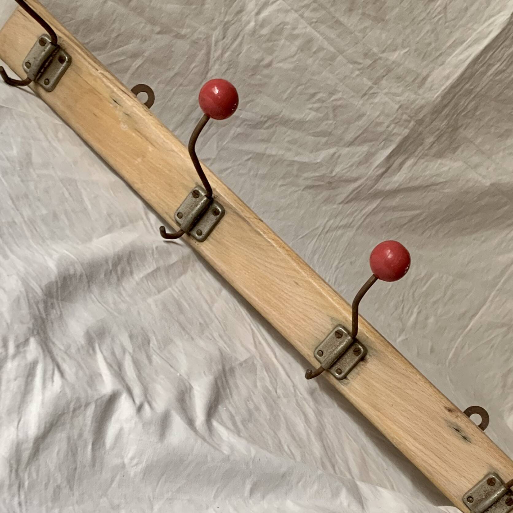 Vintage wooden wall coat rack - 4 red ball coat hooks