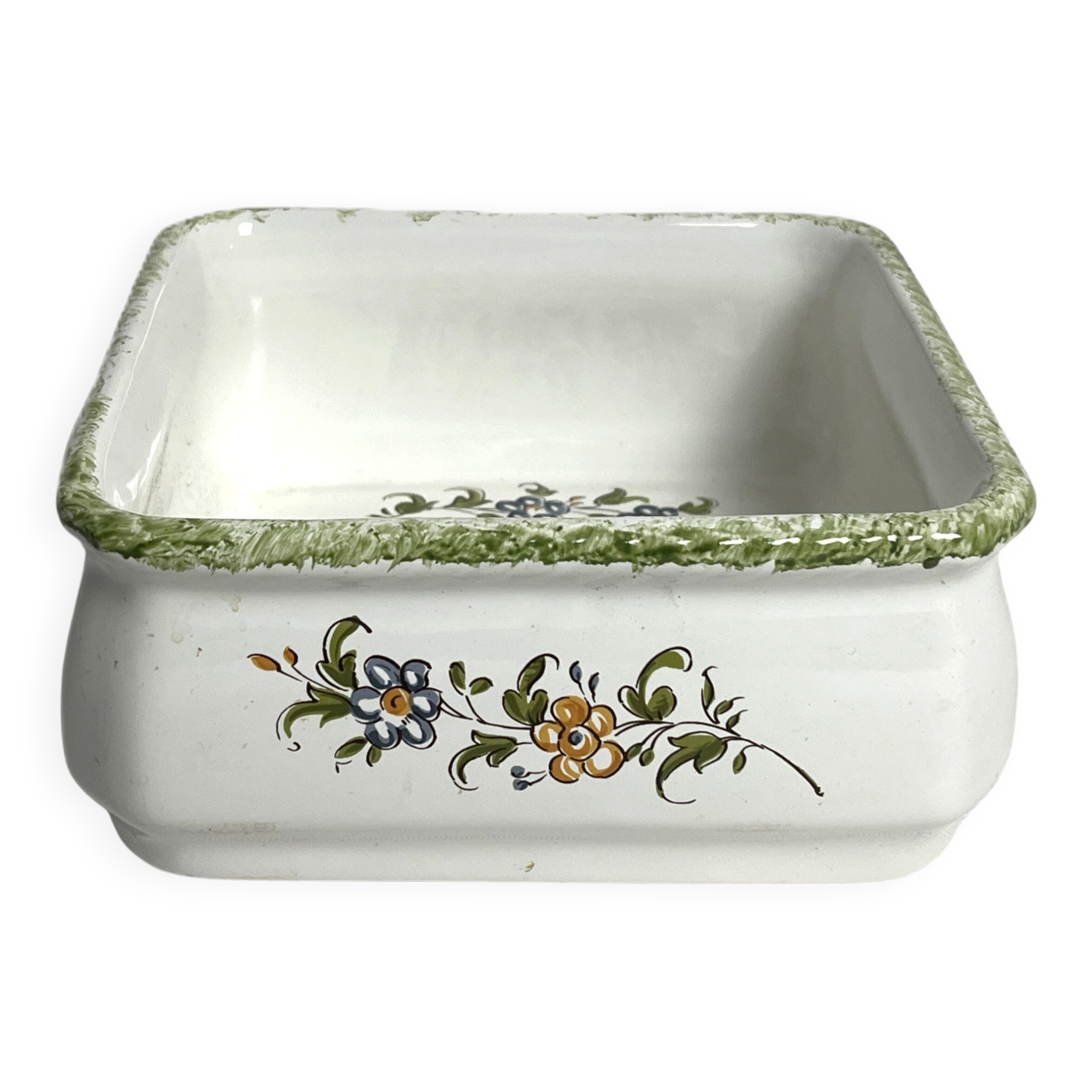 Moustiers, square shallow dish with bird decoration, 20th century.