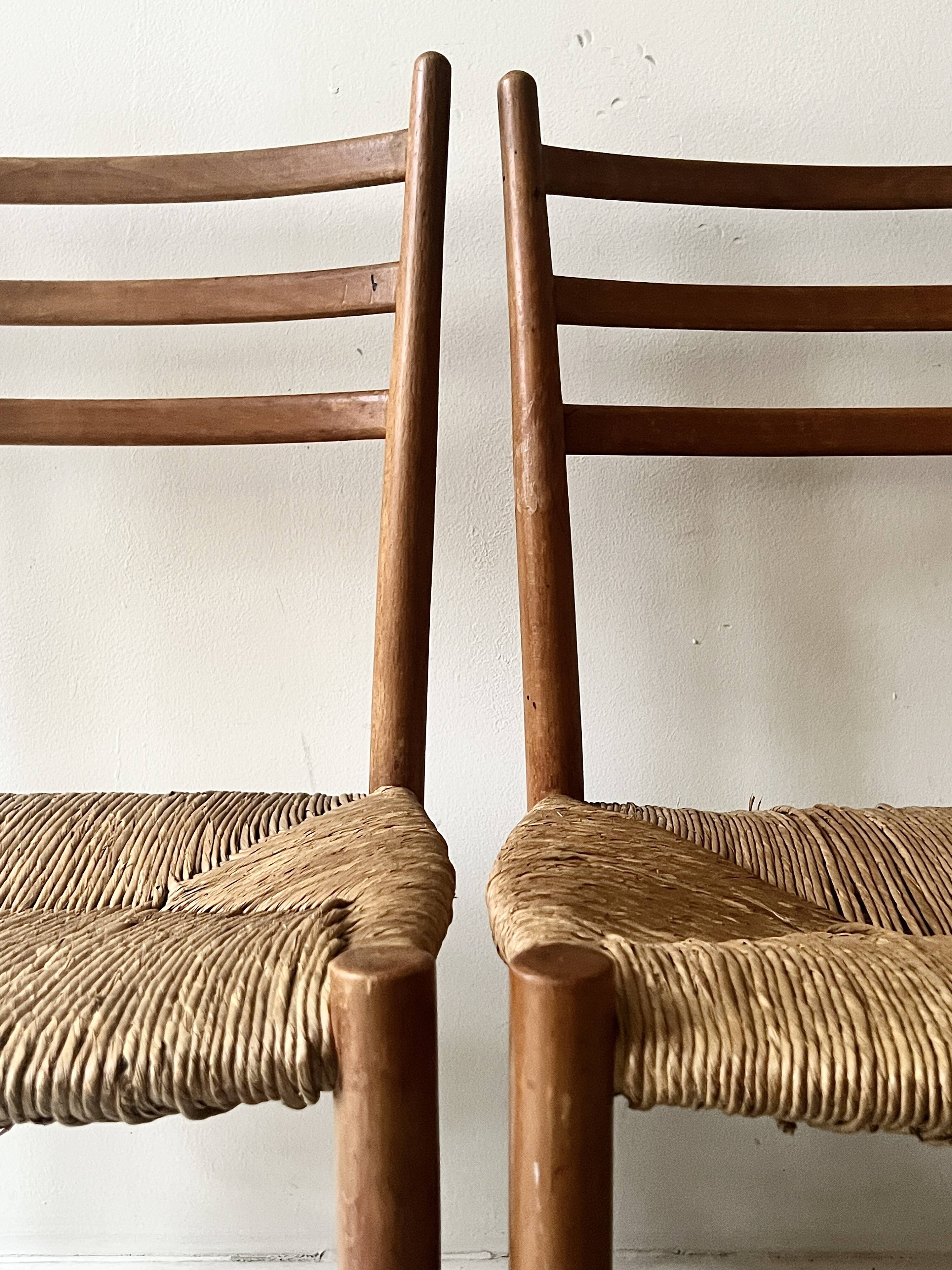 Set of 2 Italian chairs in wood and straw, Gio Ponti style 1950