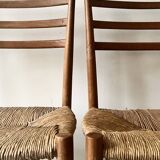 Set of 2 Italian chairs in wood and straw, Gio Ponti style 1950