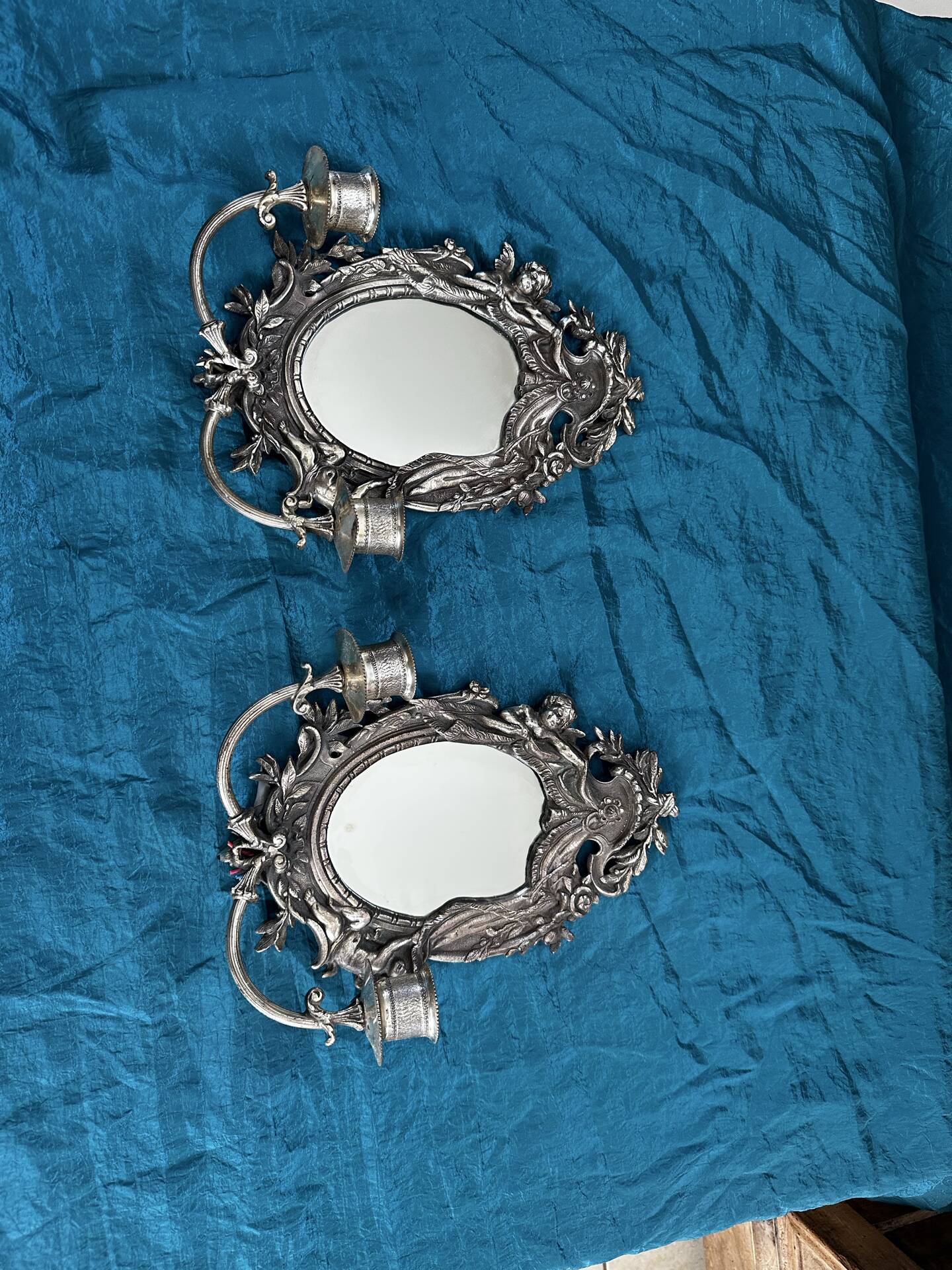 Rare pair of mirror sconces with putti. Napoleon III / Art Nouveau ~