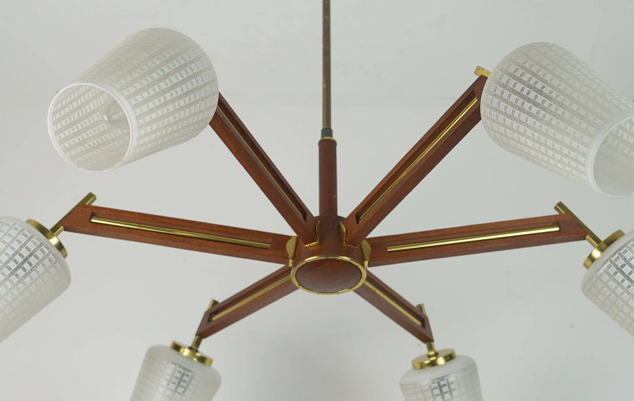 1960s mid century sputnik 8-light CHANDELIER teak brass glass ceiling light
