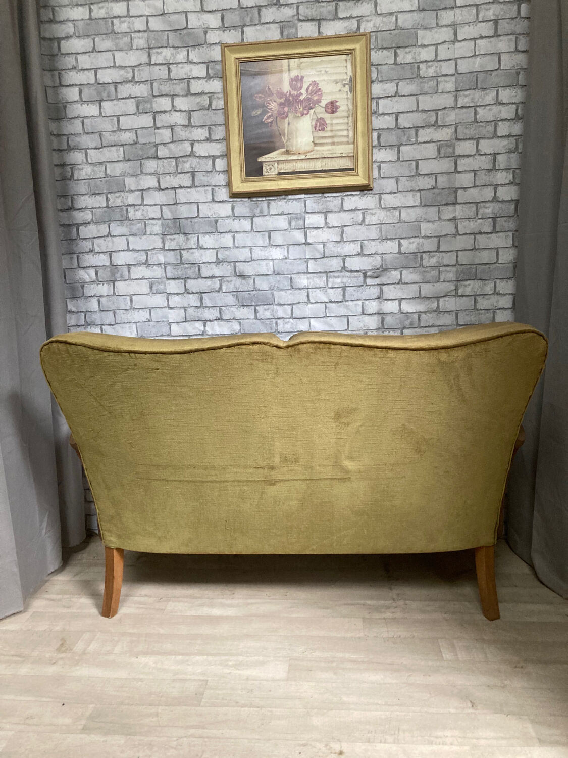 Cane and velvet fabric bench
