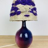 Purple ceramic lamp and wool lampshade 70s
